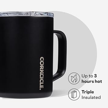 Corkcicle Origins Travel Coffee Mug - Triple Insulated Stainless Steel Cup with Handle for Tea, Hot Chocolate, Coffees, More - Spill Proof, Reusable, Dishwasher Safe - Matte Black, 475ml/16oz