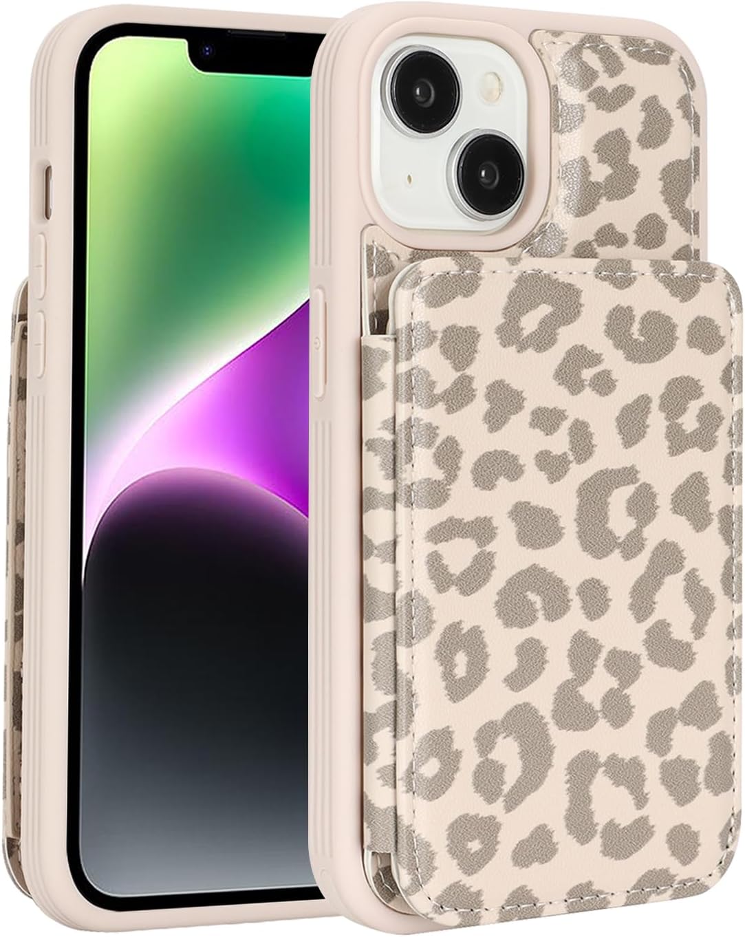 Cavor Compatible with iPhone 13 Wallet Case with Card Holder, Credit Slots Kickstand Stand Phone Case for Women Men, PU Leather Protective Case-Beige Leopard - Image 5