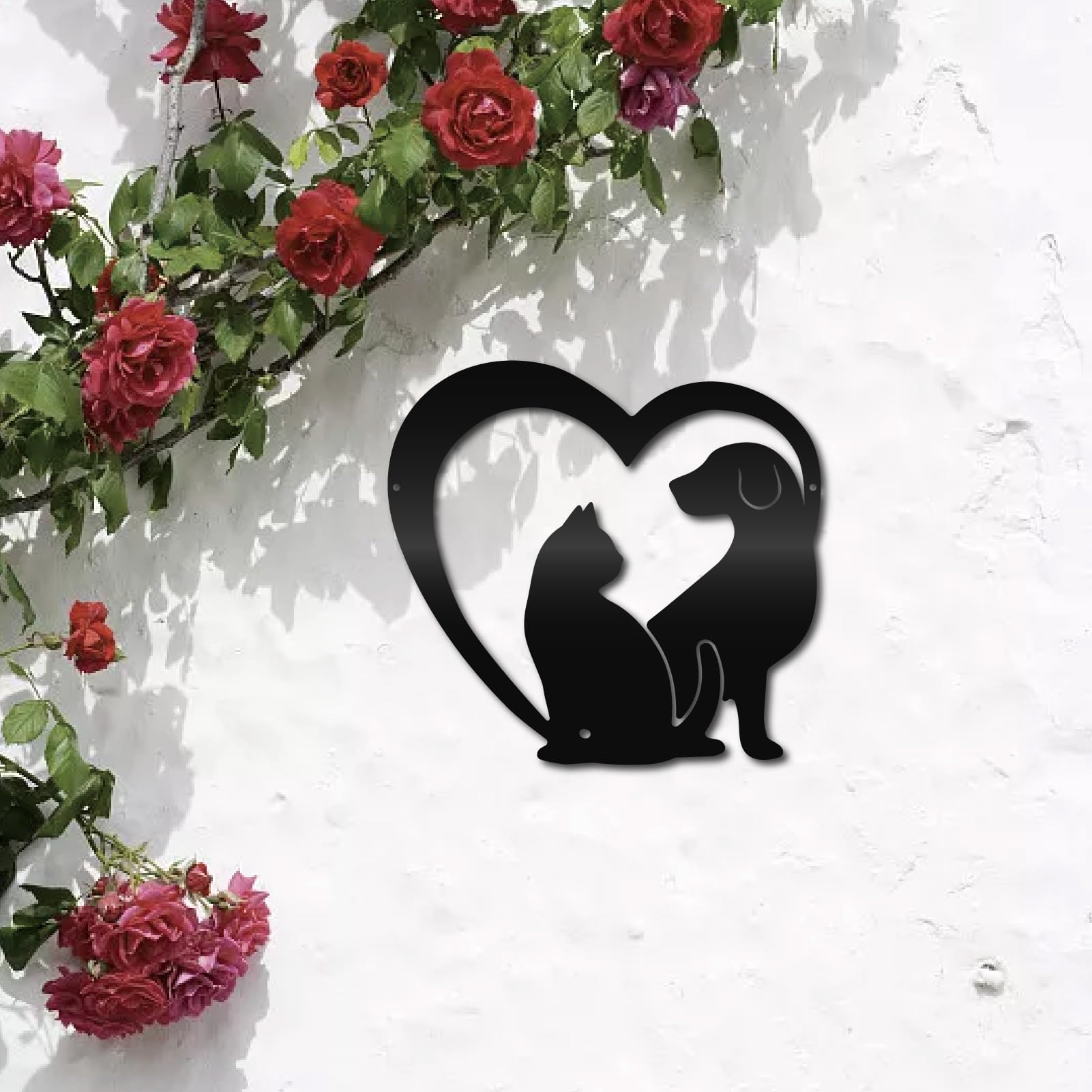 CREATCABIN Décoration Murale Métal Chien & Chat – Sculpture Fer Noir 30x28 Cm – Art Mural Animaux Compagnie – Cadeau Amoureux Des Animaux