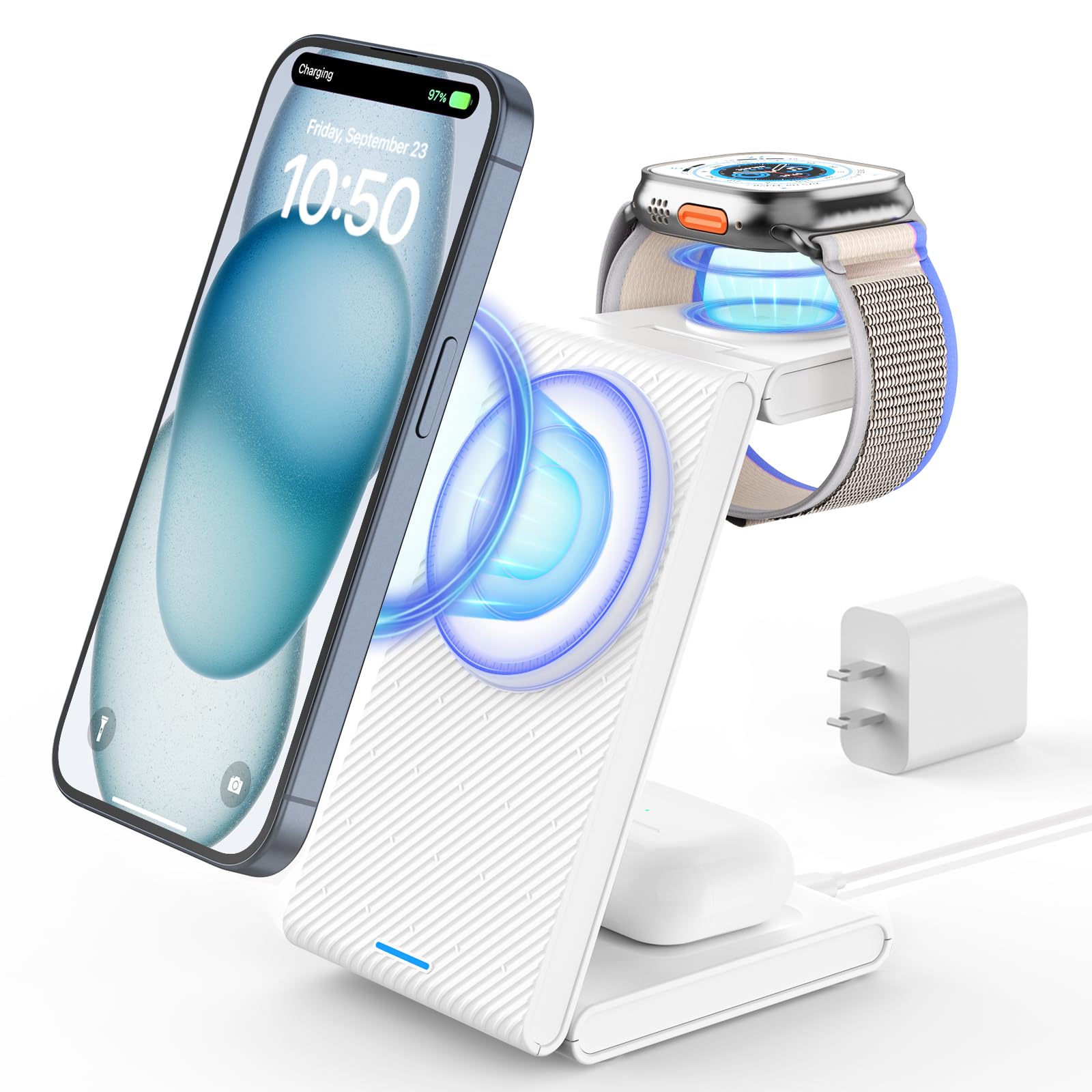 Magnetic 3 in 1 Wireless Charging Station, Foldable Wireless Charger Stand for Multiple Devices, Fast Wireless Charger for iPhone 15/14/13/12, Apple Watch 9/8/7/6/SE/5/4/3/2, AirPods 3/2/Pro