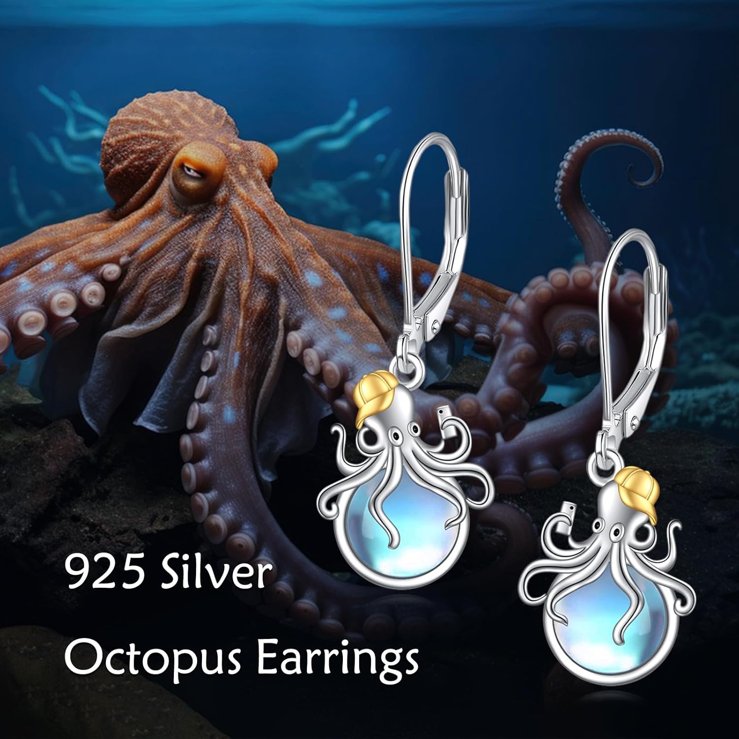Octopus Earrings Sterling Silver Moonstone Ball Dangle Earrings Octopus Drop Jewelry Gifts for Women - Image 6