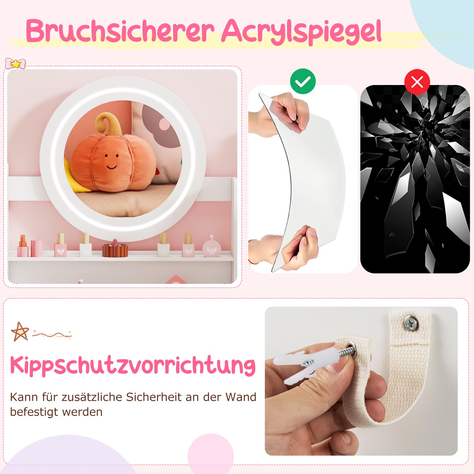 DREAMADE Kinderschminktisch mit LED-Spiegel & gepolstertem Hocker, Frisiertisch aus Holz mit Ringschlitzen, Regal & offenen Fächern, Prinzessin Kosmetiktisch für Mädchen ab 3 Jahren (Weiß)