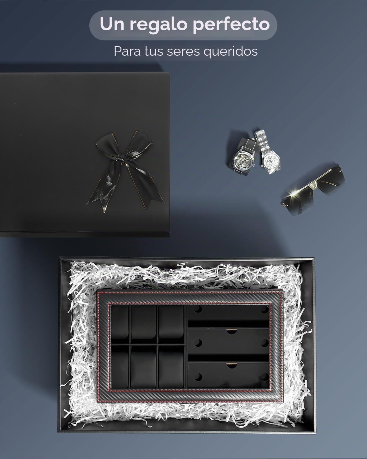Kukikan Joyero organizador de relojes, caja de reloj y gafas de sol con tapa grande de cristal, 6 ranuras y 2 capas, joyero para hombre con cerradura, soporte para reloj, regalo para hombres y mujeres
