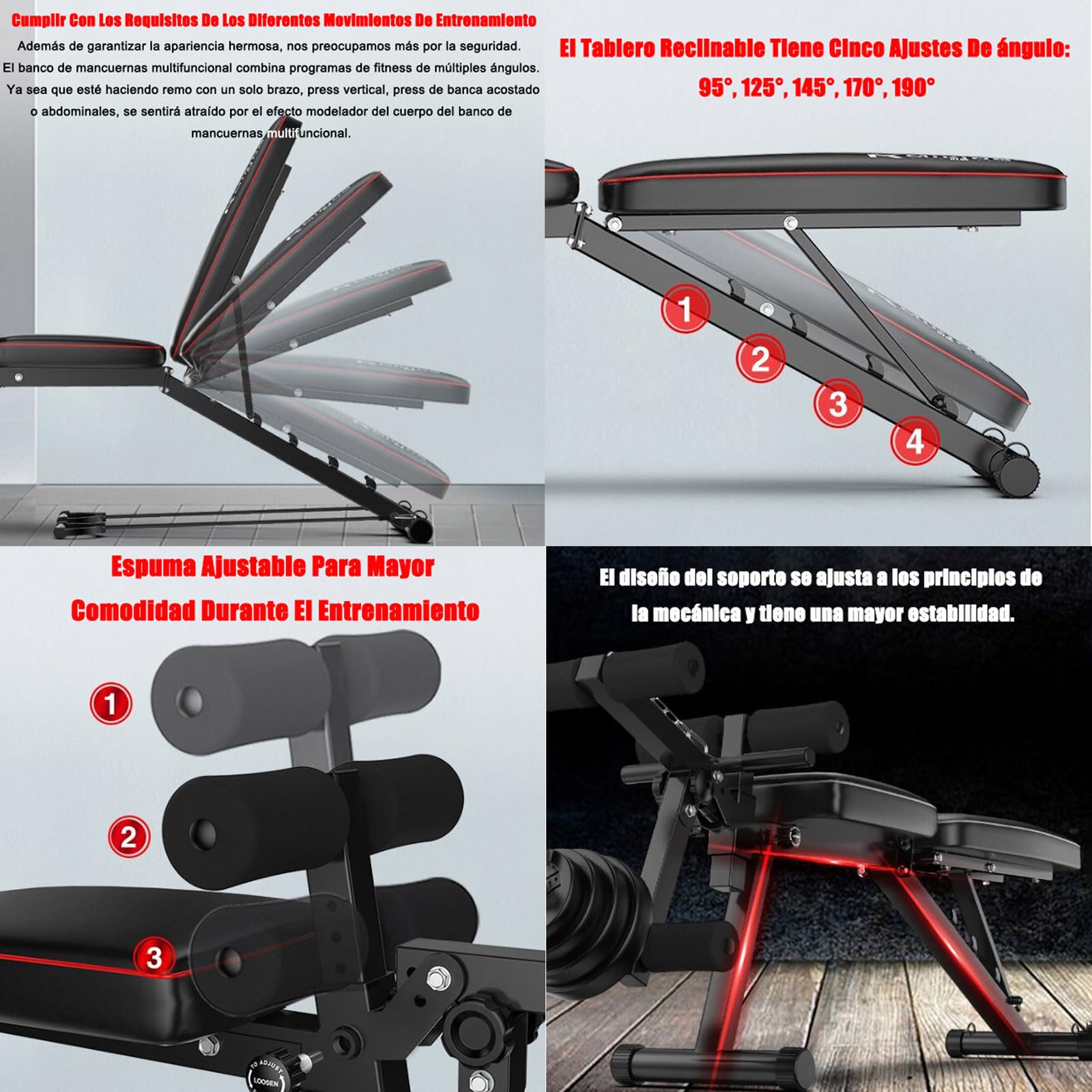 Banco De Pesas Ajustable, Banco Reclinable Gimnasio, Multifuncional Banco Musculación en Casa, Banco de Ejercicios, Banco Abdominales Plegable hasta 200KGBlack,48 * 162 * 111CM