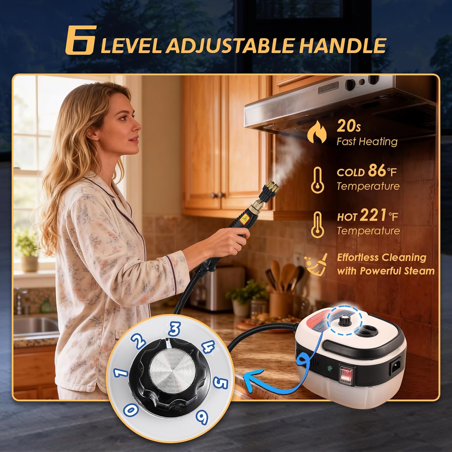 2500W Handheld Steam Cleaner, Pressurized Steam Cleaning Machine with 3 Brush Heads, 20s Heat Up, 1L Tank, Multipurpose Mini Portable Steamer for Tile, Grout, Furniture, Kitchen, Car, Home - Image 3