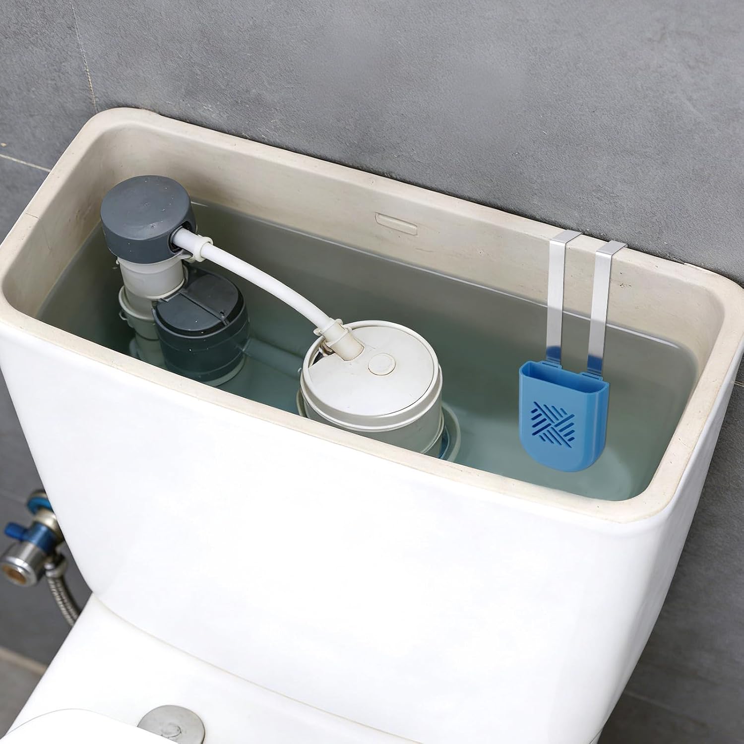 Toilet Tank Holder Hanger, White Hanging Caddy Bracket Carrier with Double Hook & Multi-Hole Design Fits Most Standard Toilet Tanks Easy Installation (Blue)