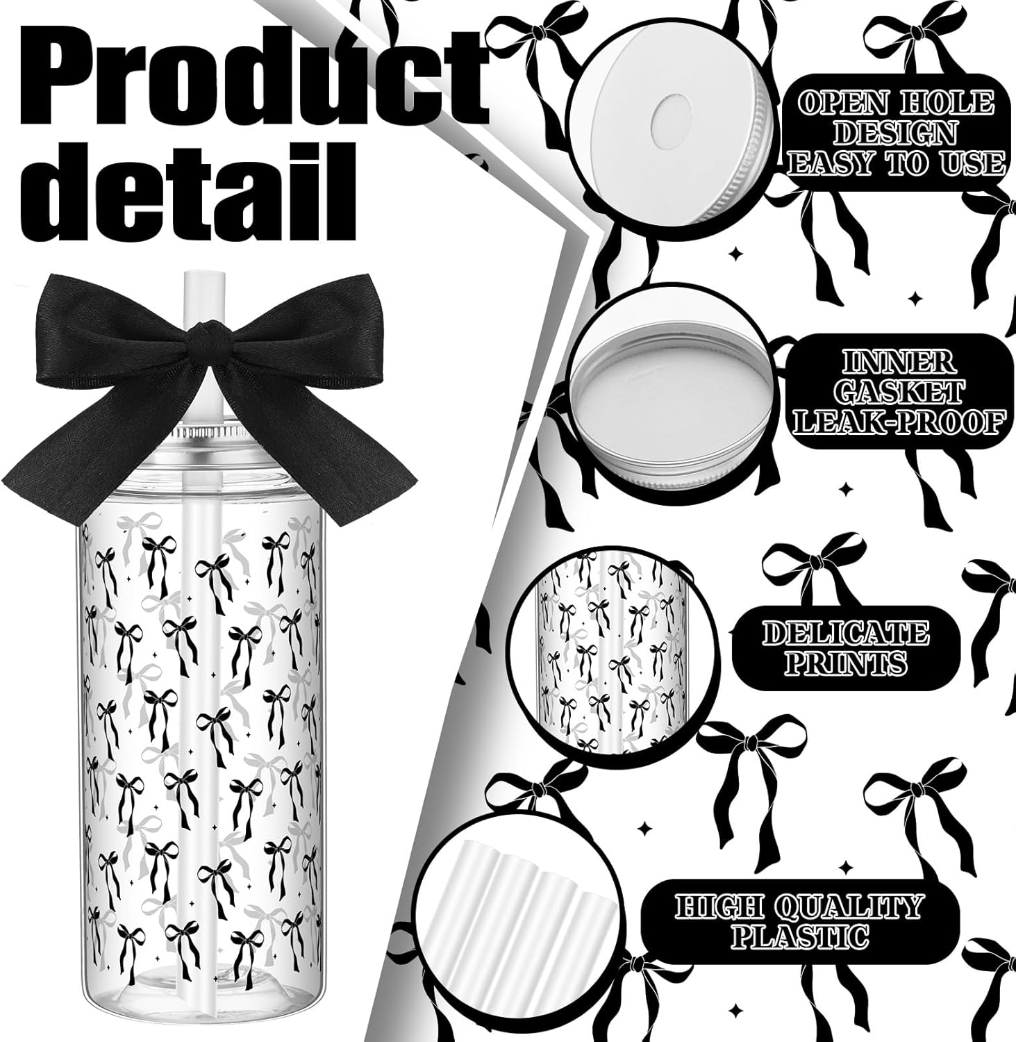 Black 24 Pcs Bow Gift Cups Bulk for Women Girls Birthday Party Favors Supplies 14 oz Reusable Plastic Tumbler Cup with Lids Straws Pastel Coquette Bow Gifts Cups for Party Decorations