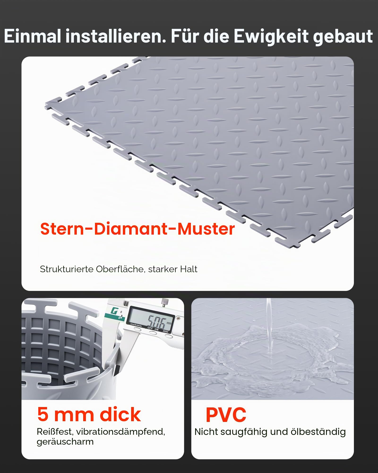 VEVOR PVC Garagenboden, 8er-Pack 513x513x5 mm, Werkstattboden, Industrieboden, Klick Verlegung, rutschfeste PVC-Matten mit Diamantplatte für Werkstatt, Lager, Werkzeugraum, Hellgrau
