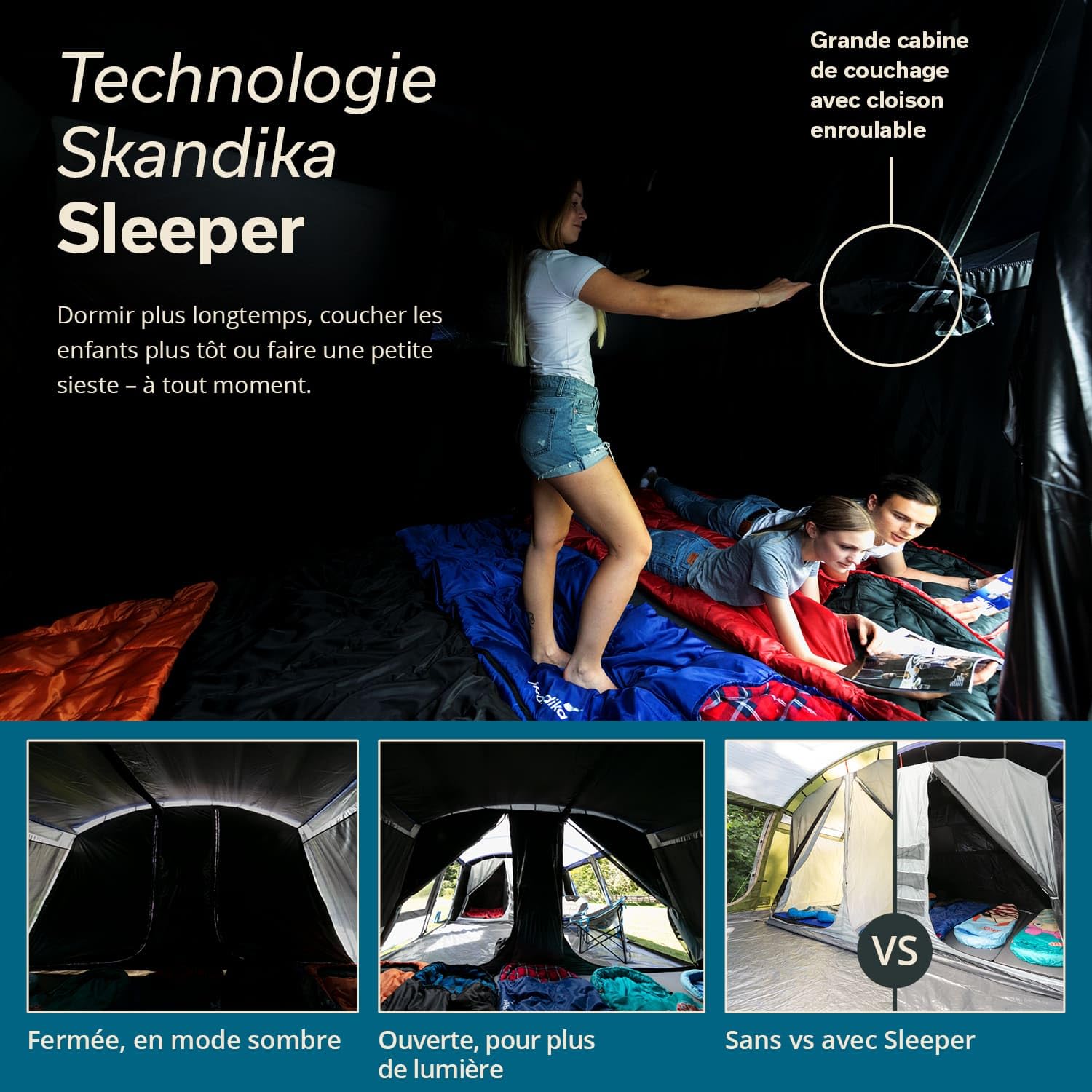 Skandika Tente Tunnel Montana 8 Personnes | Tente de Camping avec/sans Tapis de Sol Cousu, avec/sans Technologie Sleeper, 3-4 cabines de Couchage, 5000 mm (Bleu | Sleeper)