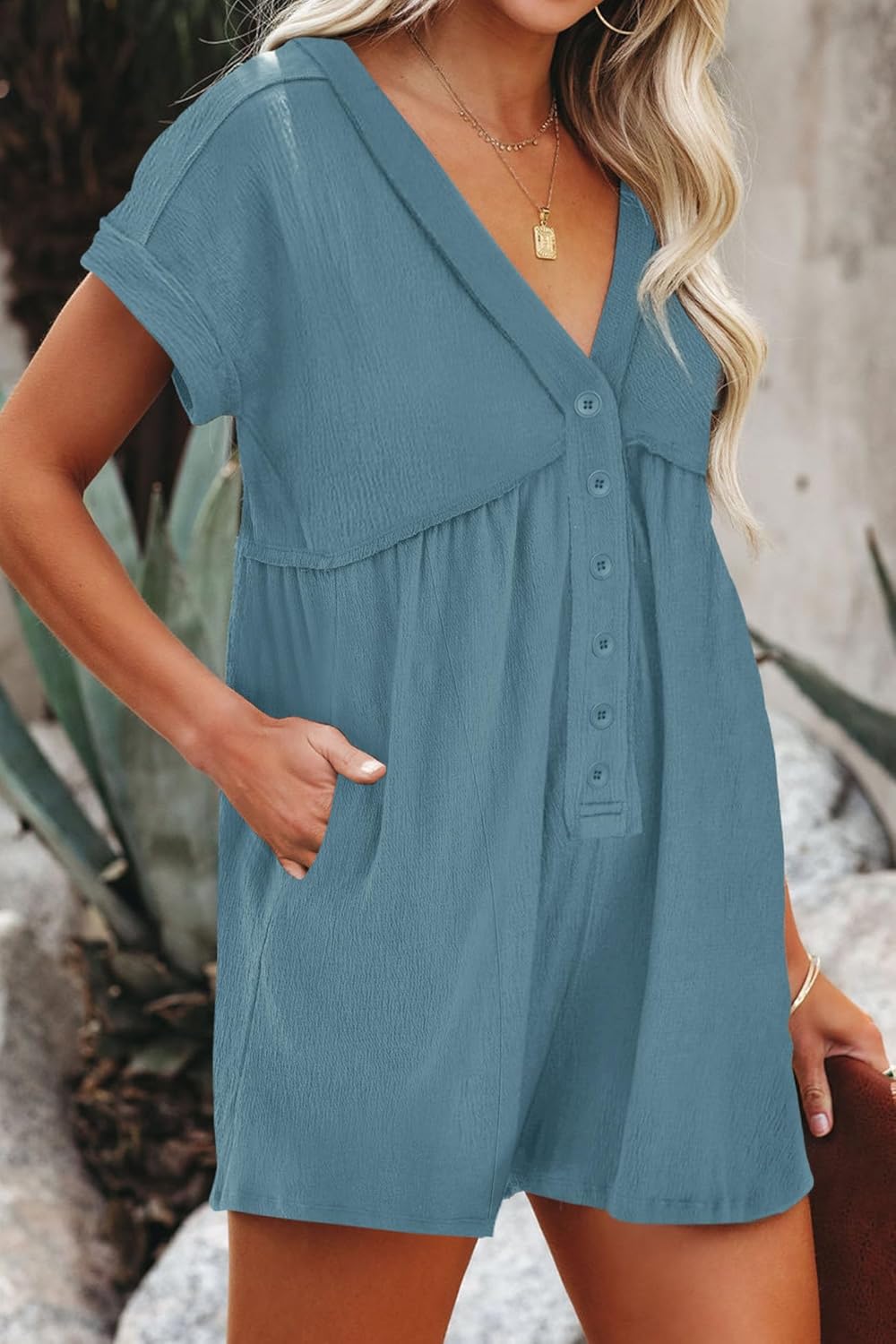 ReachMe Jumpsuits for Women Dressy Short Sleeve Rompers with Pockets Beach Jumpsuits Apparel Wide Leg Jumpers - Image 2