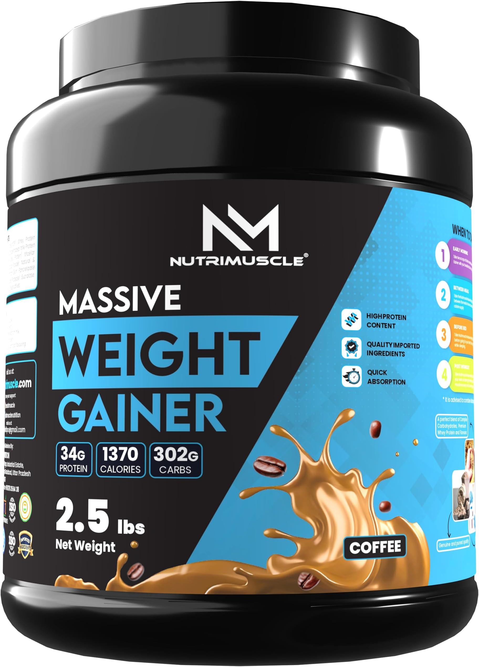 Nutrimuscle Massive Weight Gainer - 2.5 lbs - 1.134 Kgs - Coffee Flavour For Weight & Mass Gain - Contains Complex Carbohydrates