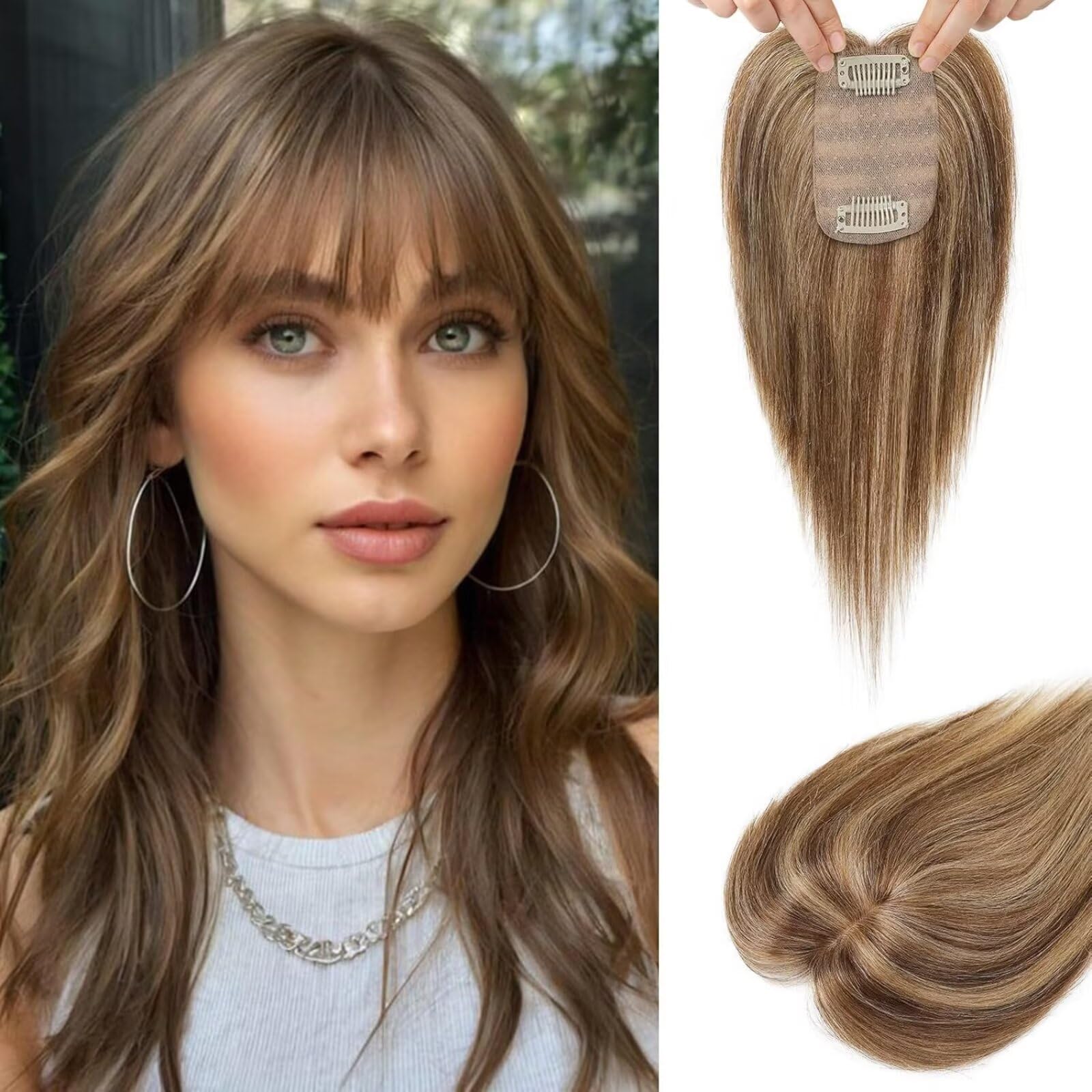 Postizo: flequillo postizo con clip para mujeres con cabello fino, 25 cm, liso, color marrón