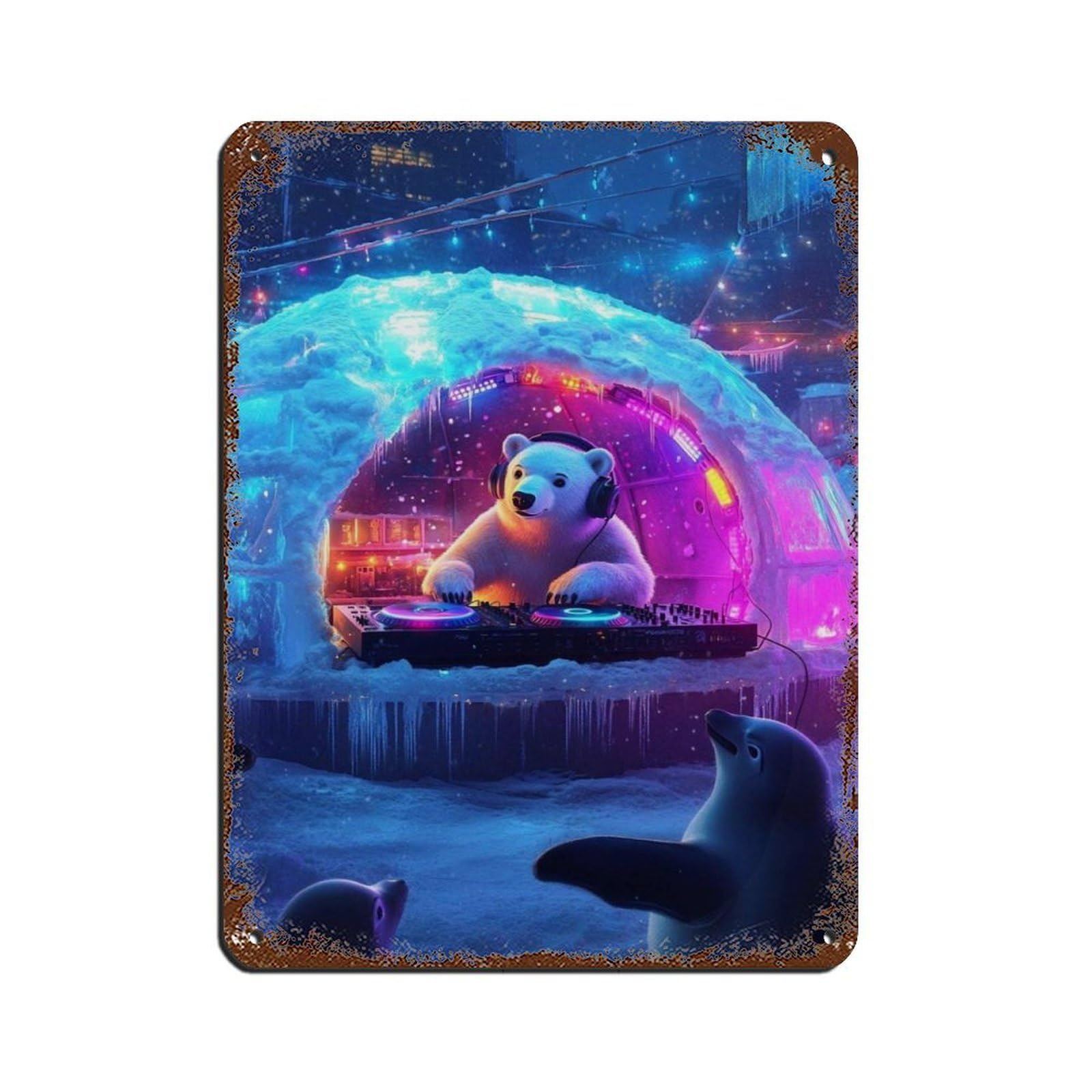 Cool DJ Polar Bear, Fun Animal DJ Poster Retro Poster Metal Tin Sign Chic Art Retro Iron Painting Bar People Cave Cafe Family Garage Poster Wall Decoration 12x16inch(30x40cm)