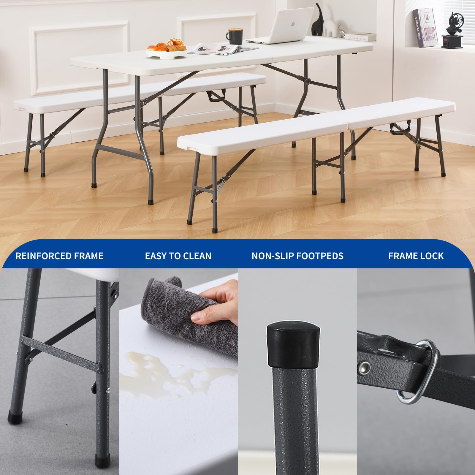 KAIHAOWIN Banc pliable en plastique blanc de 1,8 m avec poignée de transport, siège portable pour pique-nique, camping, salle à manger, fête