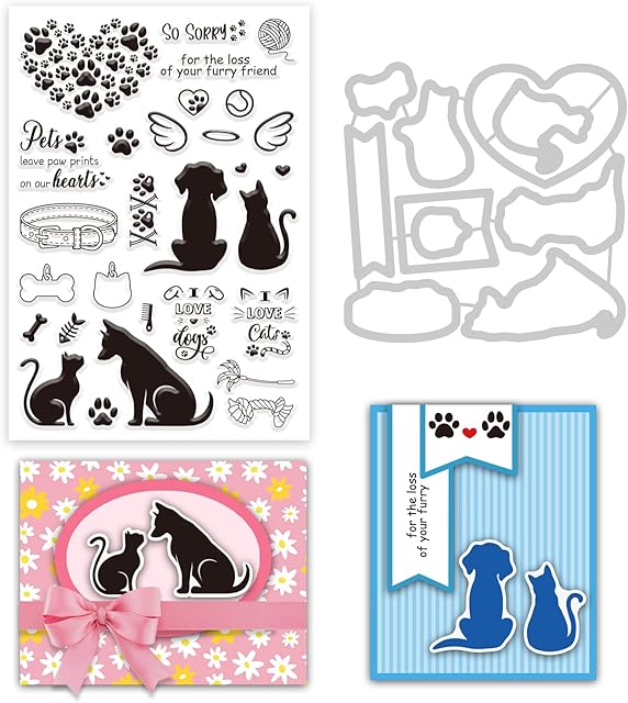 INFUNLY Stamps and Dies for Card Making Animal Metal Cutting Die Stamp Cat Dog Silicone Clear Stamp and Die Sets Scrapbooking Embossing Stencil for DIY St. Patrick's Day Easter Arts Crafts Stamping