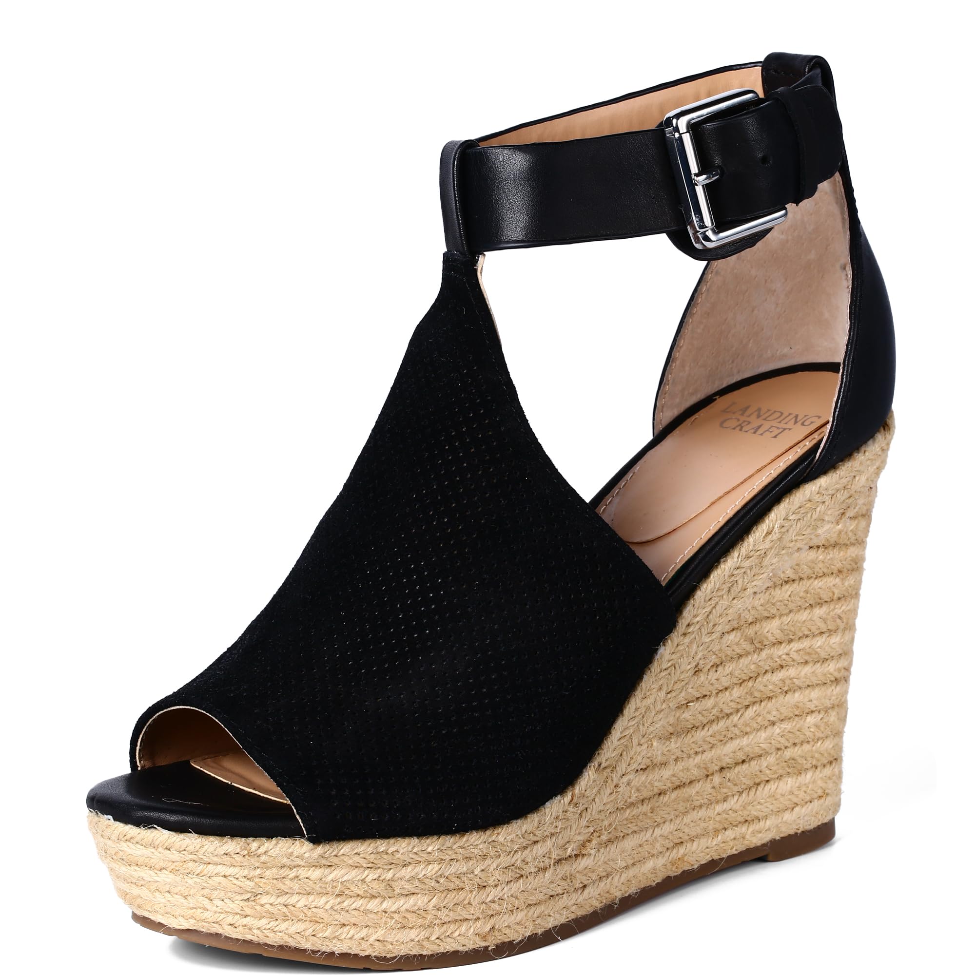 landing craft Women's Peep Toe Platform Sandals Summer Adjustable Buckle Ankle Strap Espadrilles Wedge Sandals