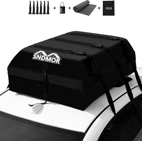 SNDMOR Bolsa de Techo, 595L/21 Pies Cúbicos de Equipaje de Techo Impermeable, Adecuada para Todos Los Vehículos con/Sin Portaequipajes, Incluye Alfombra Antideslizante + 6 Correas de Refuerzo (Negro) - 1