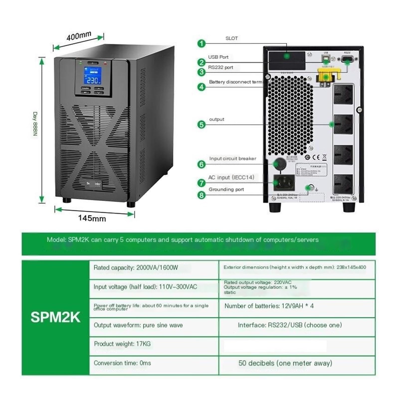 De alimentación ininterrumpida UPS SPM2K Torre 2000VA/1600W