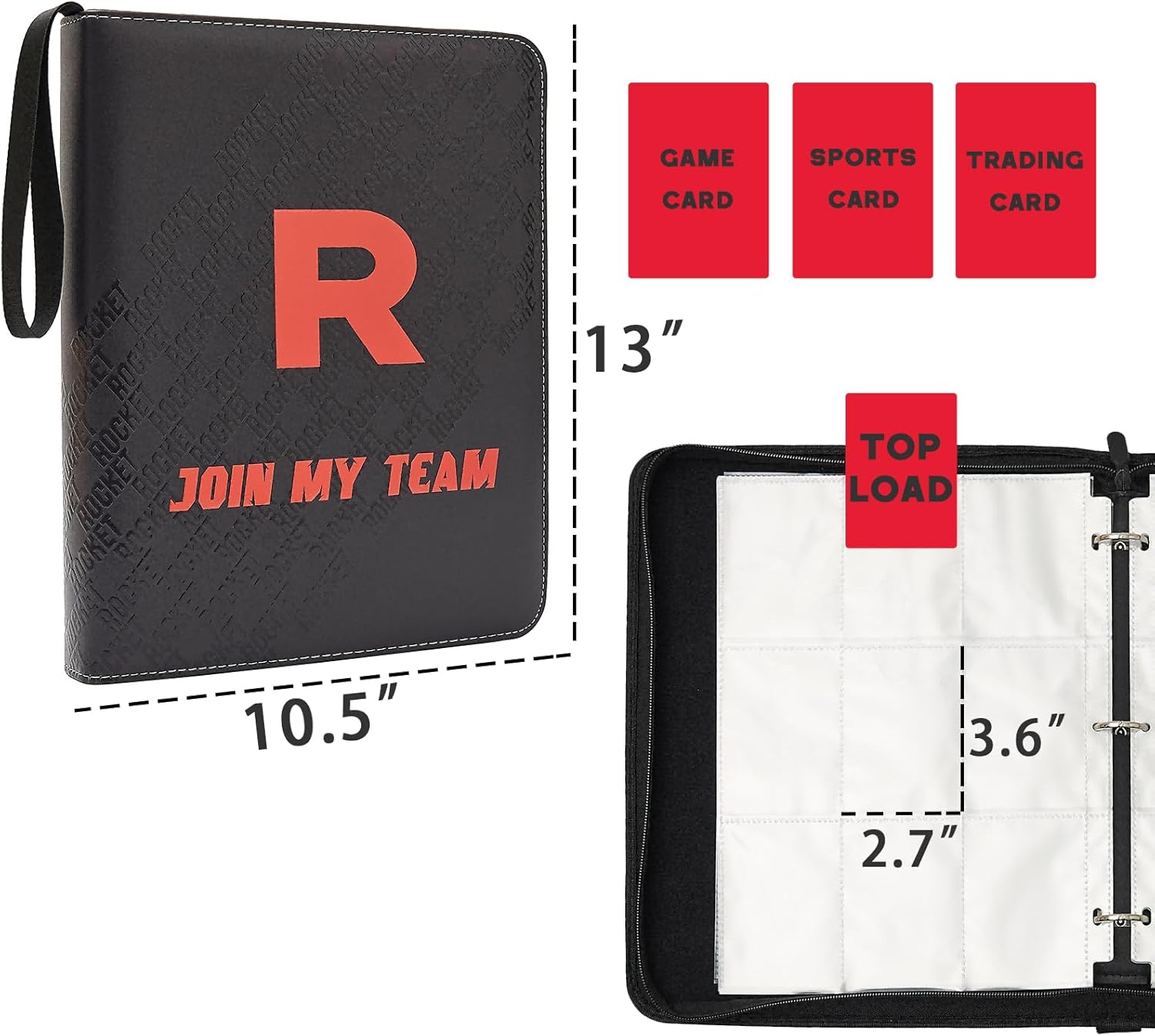 Trading Card Binder with 9 Pocket 900 Pockets, 50 Removable Side Loading Sleeves, 3-Ring Zip Design, Compatible with MTG, TCG, Sports Cards (Black, 900)
