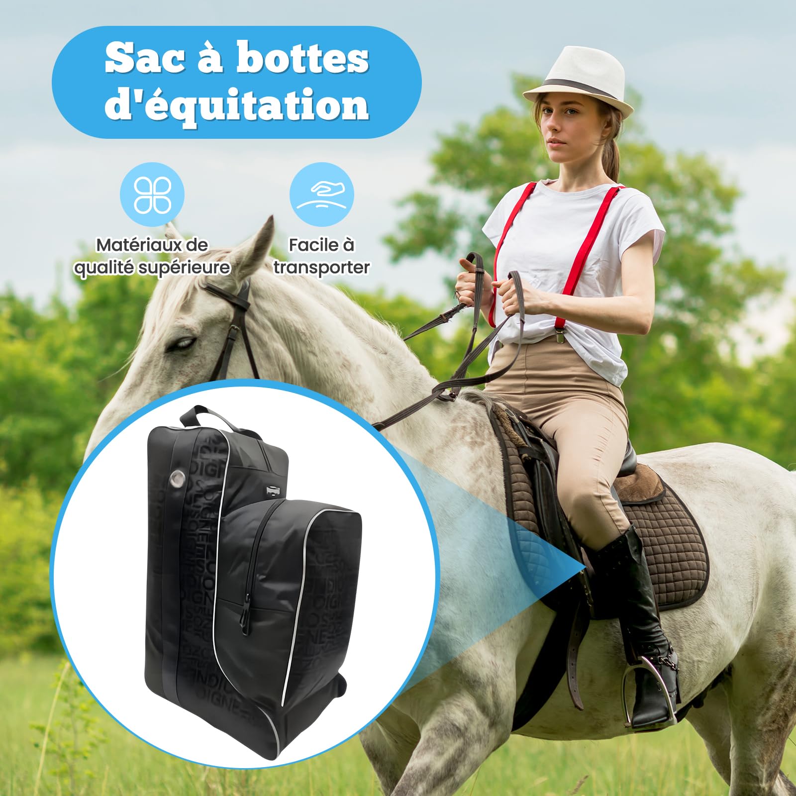 Pack Équestre, Sac de Transport Grande Capacité pour Bottes d'Équitation, Rangement Équestre en Tissu Oxford, Sac à Bottes Hautes avec Poignée pour Sport/Maison/Compétition/Équitation, Total Noir