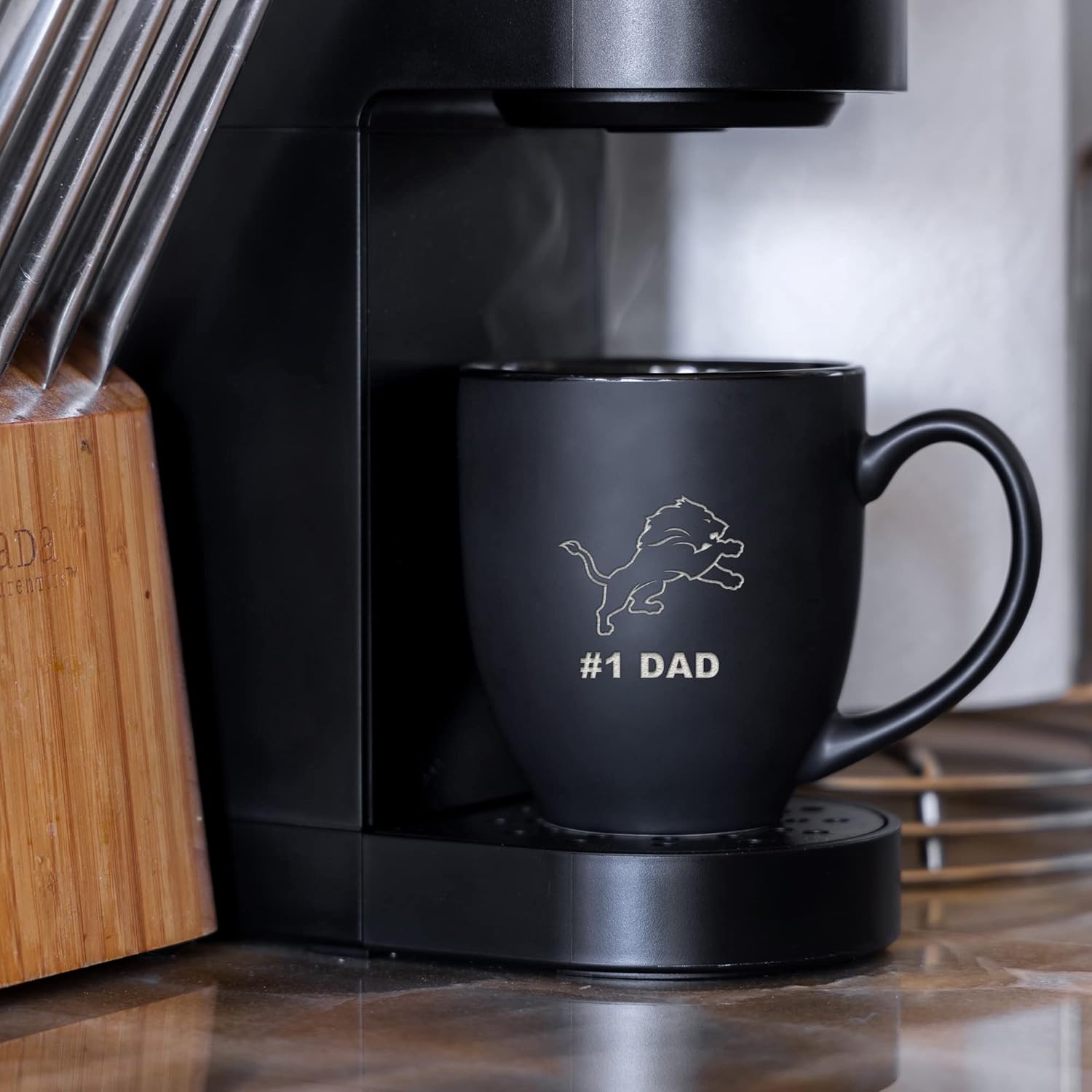 Rico Industries NFL Football #1 Dad 15oz Laser Engraved Matte Black Ceramic Bistro Mug - for Hot or Cold Drinks - Image 3
