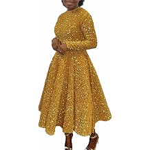 SOMTHRON Womens Sequin Dress Plus Size Long Sleeve A-Line Flared Party Cocktail Sparkle Glitter Evening Shiny Maxi Dress