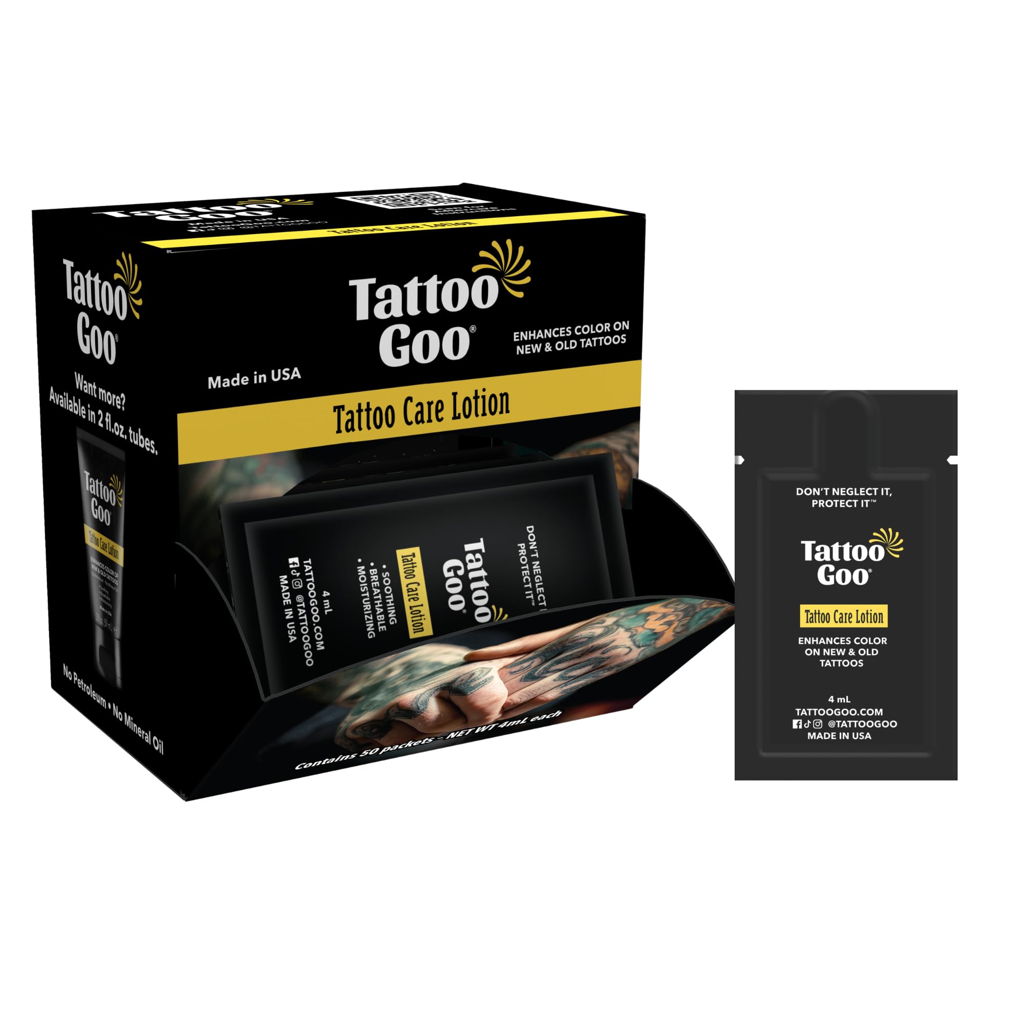 Tattoo Goo Tattoo Care Lotion, 50 Pk Travel Size, Soothes Itch & Irritation, Hydrate & Preserve Color, Non-Greasy Moisturizer, Aftercare Lotion with