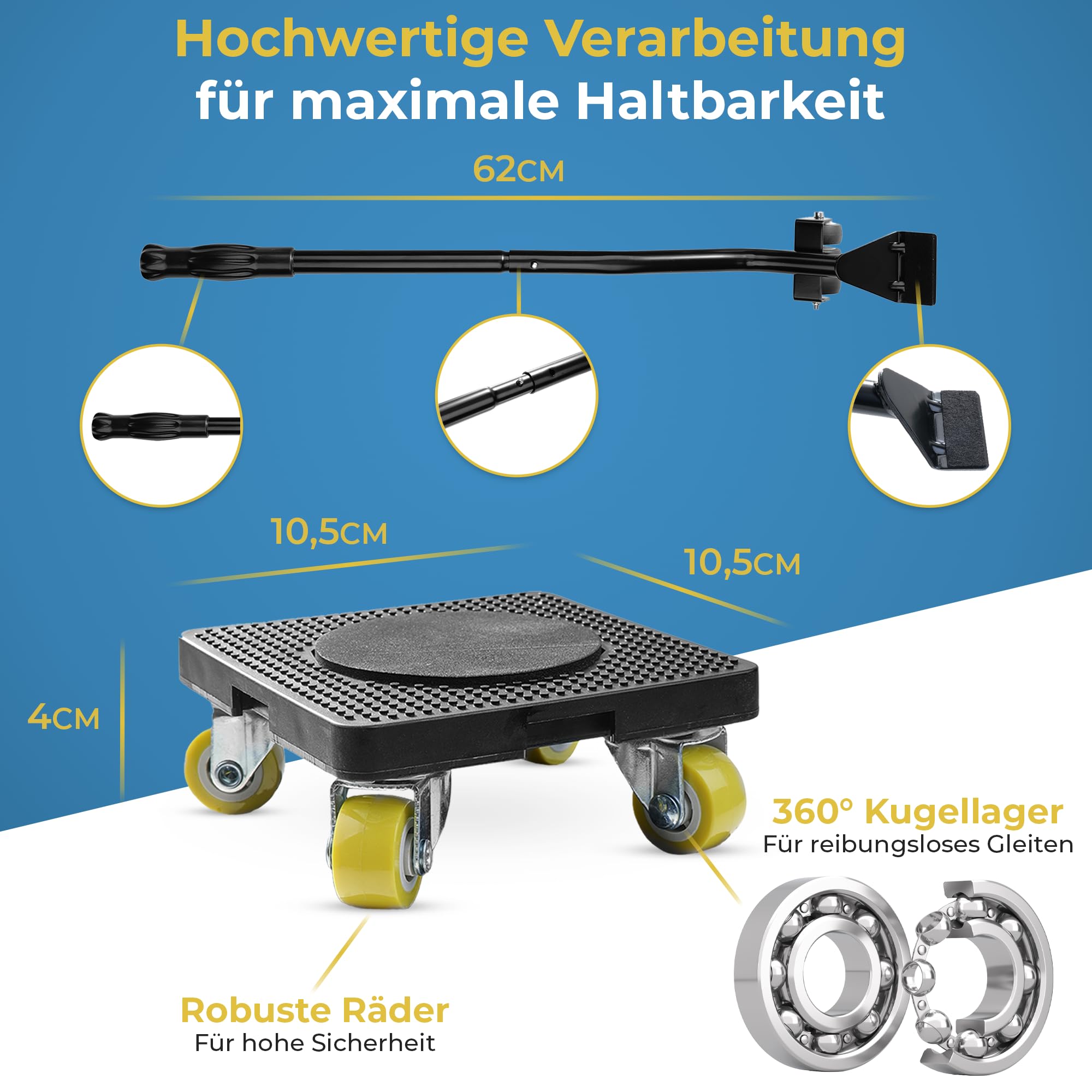 Rullo per mobili, set di 4 ruote per il trasporto di mobili e tecnologia FlexFit, scooter a 360 gradi, sollevatore per mobili con manico, 4 regolatori di altezza, ideale per mobili pesanti fino