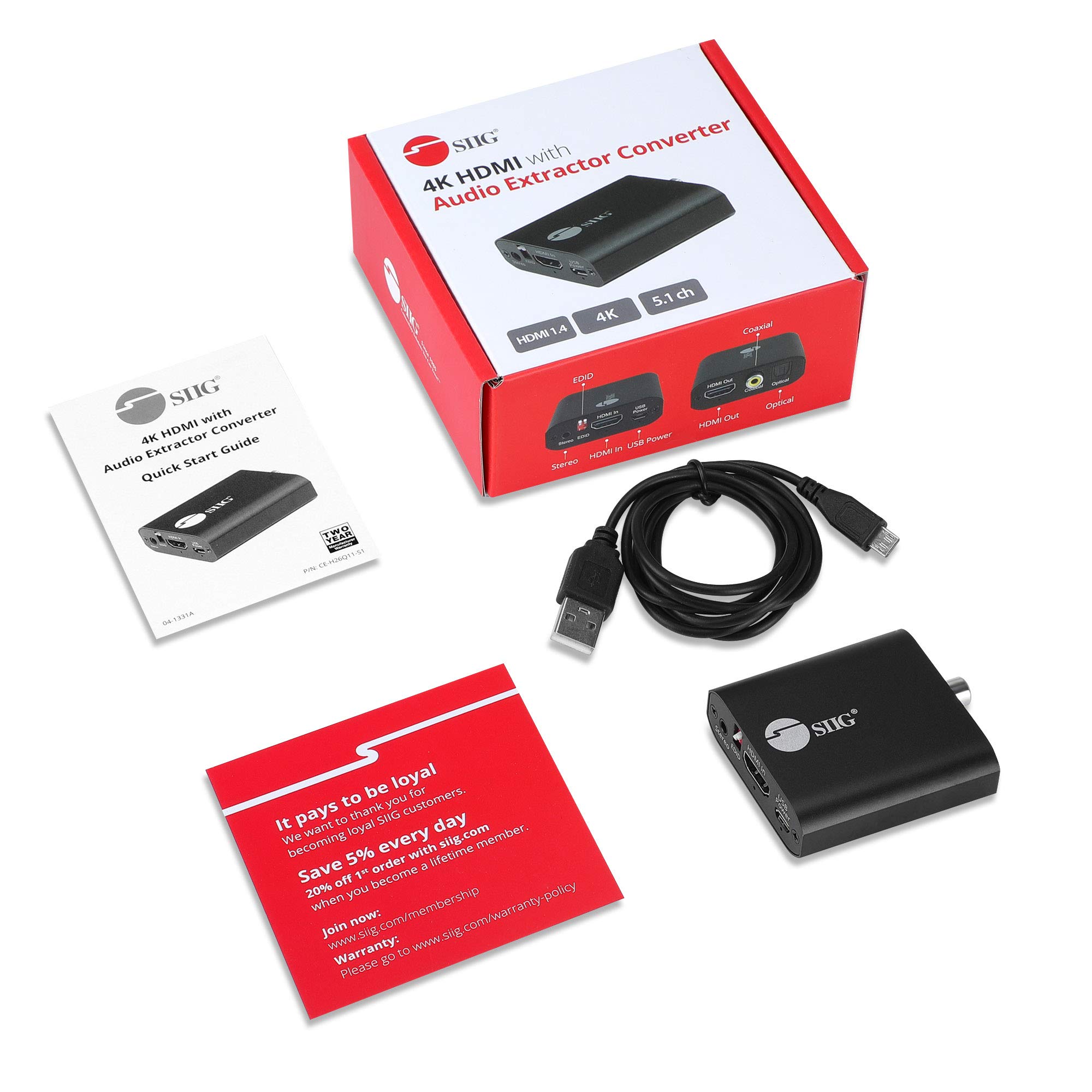 SIIG Convertidor de extractor de audio HDMI 4K, HDMI 1.4, 4K60 4:2:0 o 4K30, HDCP 1.4, extracto de audio a Toslink/Coaxial/3.5mm simultáneamente, soporta audio digital 5.1/PCM 2ch (CE-H26Q11-S1)