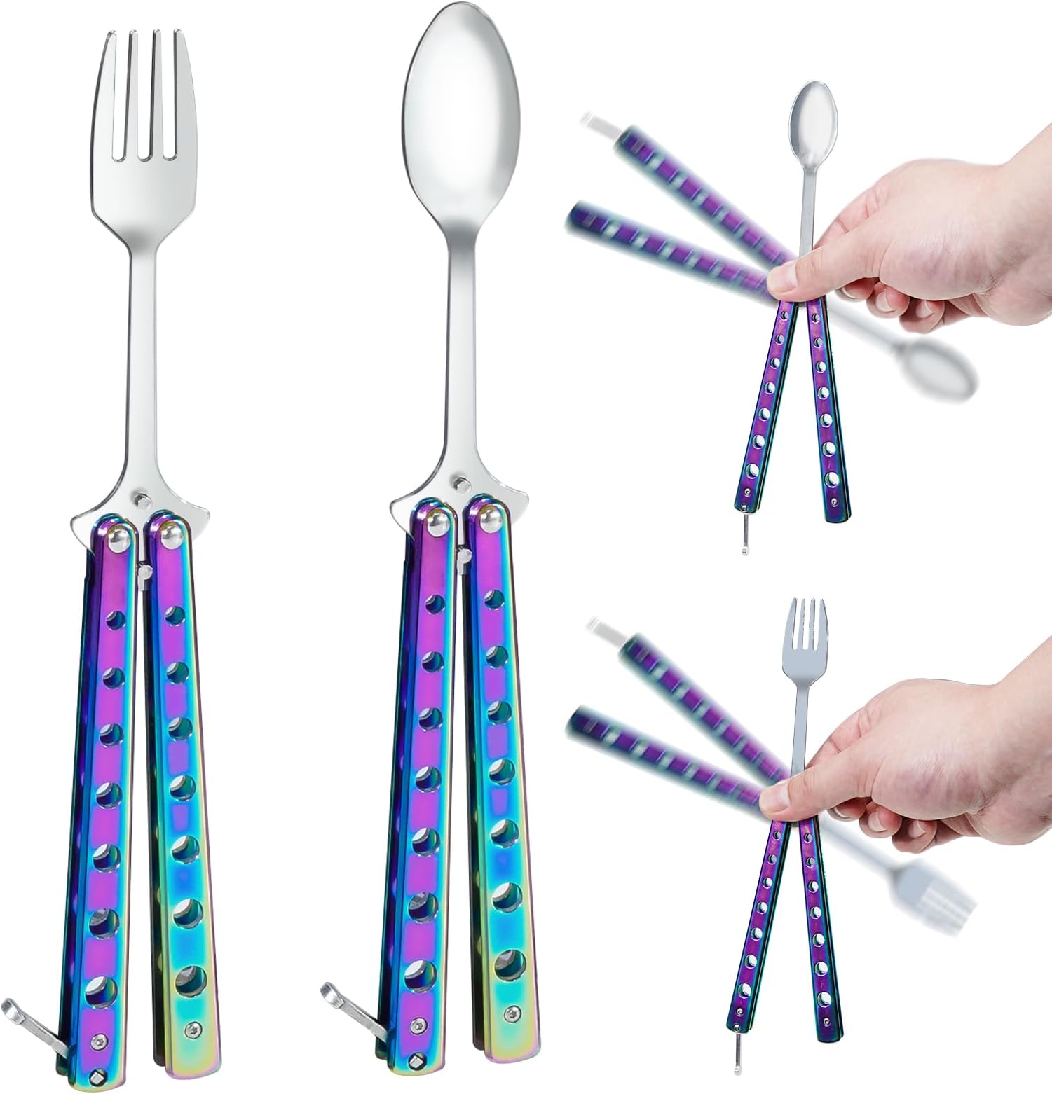 Butterfly Fork and Spoon Stainless Steel Set 2 Pcs, Reusable Spork for Travel Camping Hunting Outdoor Kitchen(Purple)