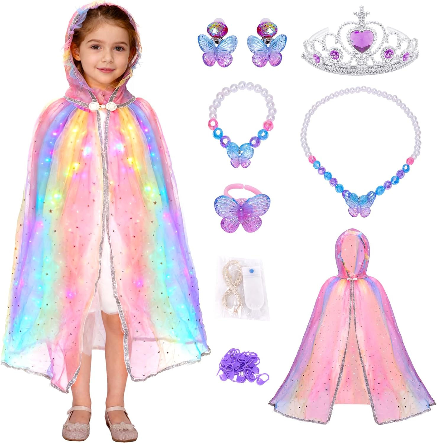 Princess Dress up for Girls, Light up Cape Toys Kit,Cosplay Costume Birthday Gift for Toddlers 3-8