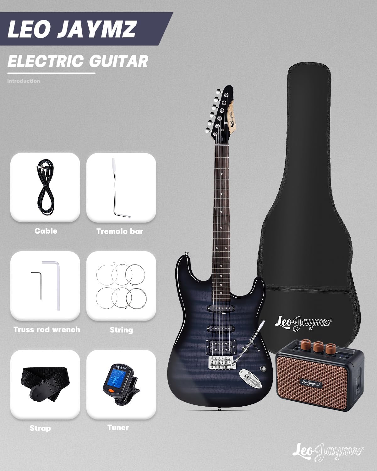 Leo Jaymz 39" Full Size ST Style Electric Guitar Starter Kit with SSH Pickup, 5W Portable Amp, Tuner, Gig Bag, Strap & Accessories(Black Flame 5W)