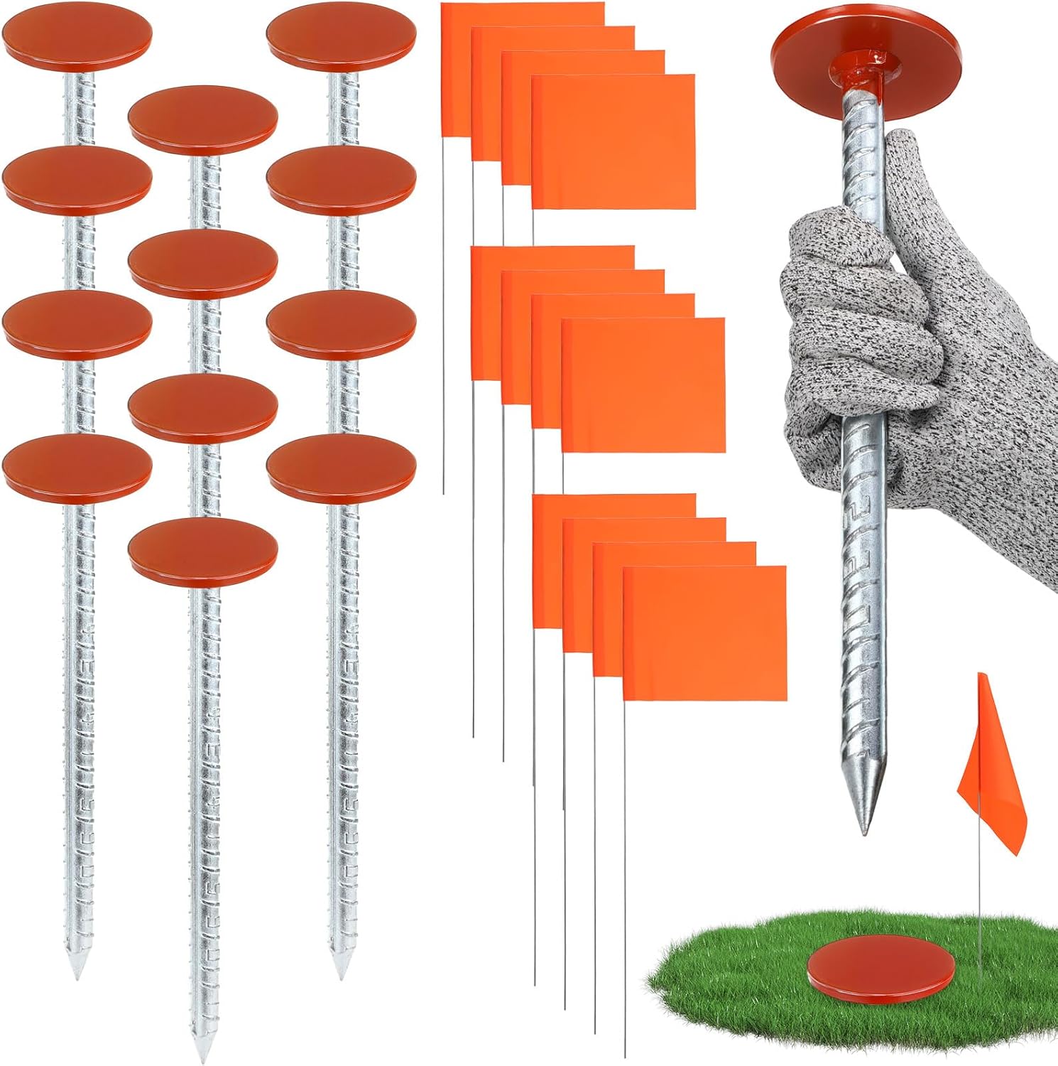 12 Pack 12 Inch Galvanized Property Line Stakes with Marking Flags Writable Heavy Duty Rebar Hi Vis Orange Survey Markers Permanent for Yard Lawn, Irrigation Landscape Sprinkler Pet Training