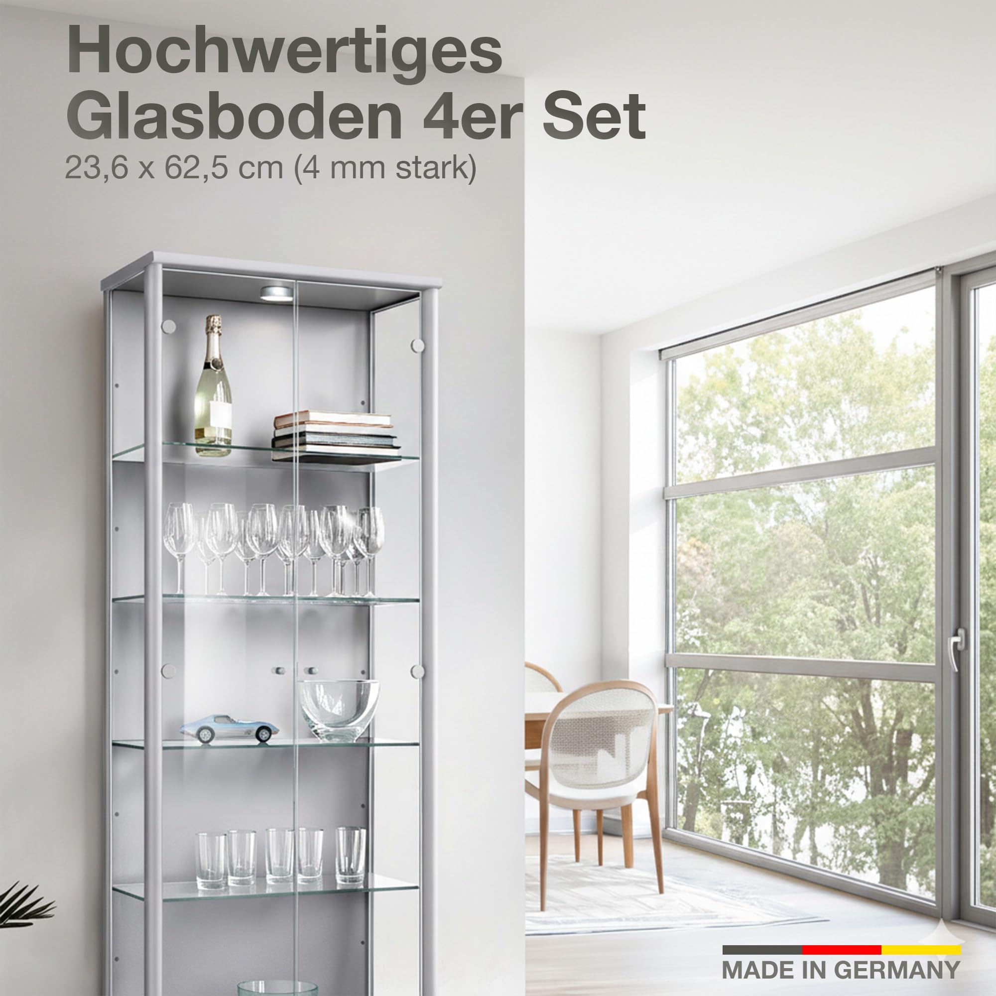 4er Set Glaseinlegeboden 625x236x4mm in Transparent inkl Bodenträger 5mm und Abdeckkappen - Made in Germany - Einlegeboden für 2 türige Standvitrinen - Regalboden Erweiterung aus ESG