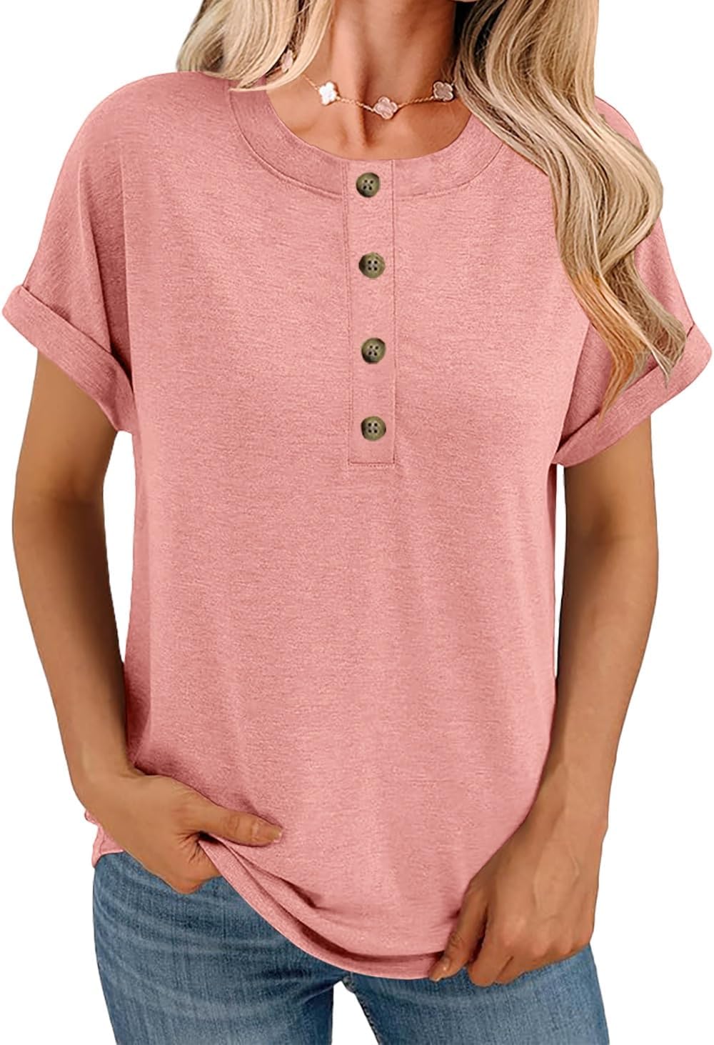 APOFER Women Short Sleeve Tunics Crew Neck Dressy Casual Loose Henley Shirts Summer Casual Tops Flowy T-Shirt