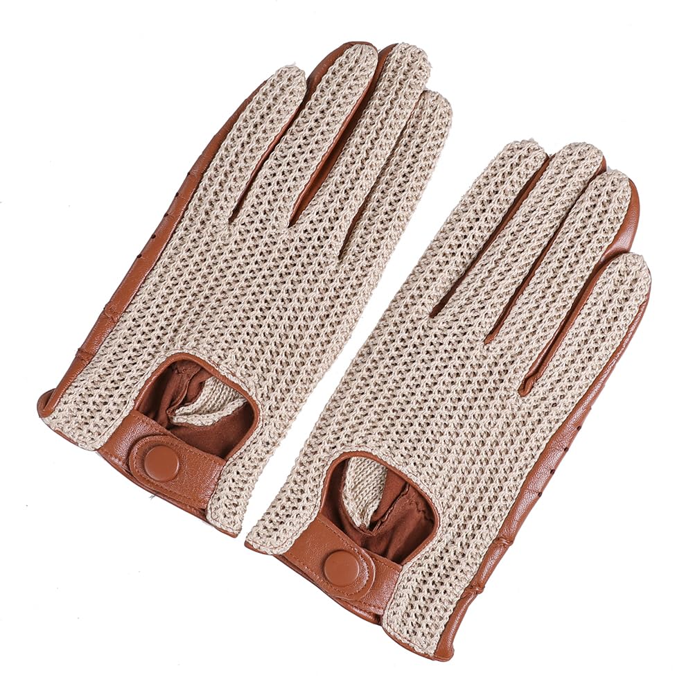 BOONJOVIA Genuine Leather Driving Gloves with Cotton Crochet (Beige, X-Large)
