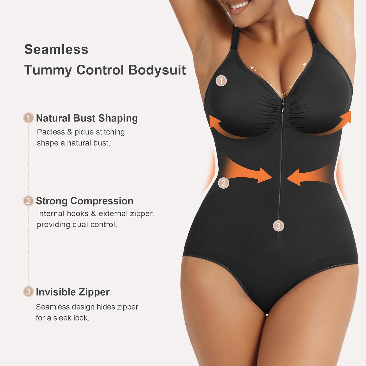 SHAPERX Women's Shapewear Bodysuit Tummy Control Seamless Zip-Up Body Shaper Waist Snatched Body Suit - Image 4