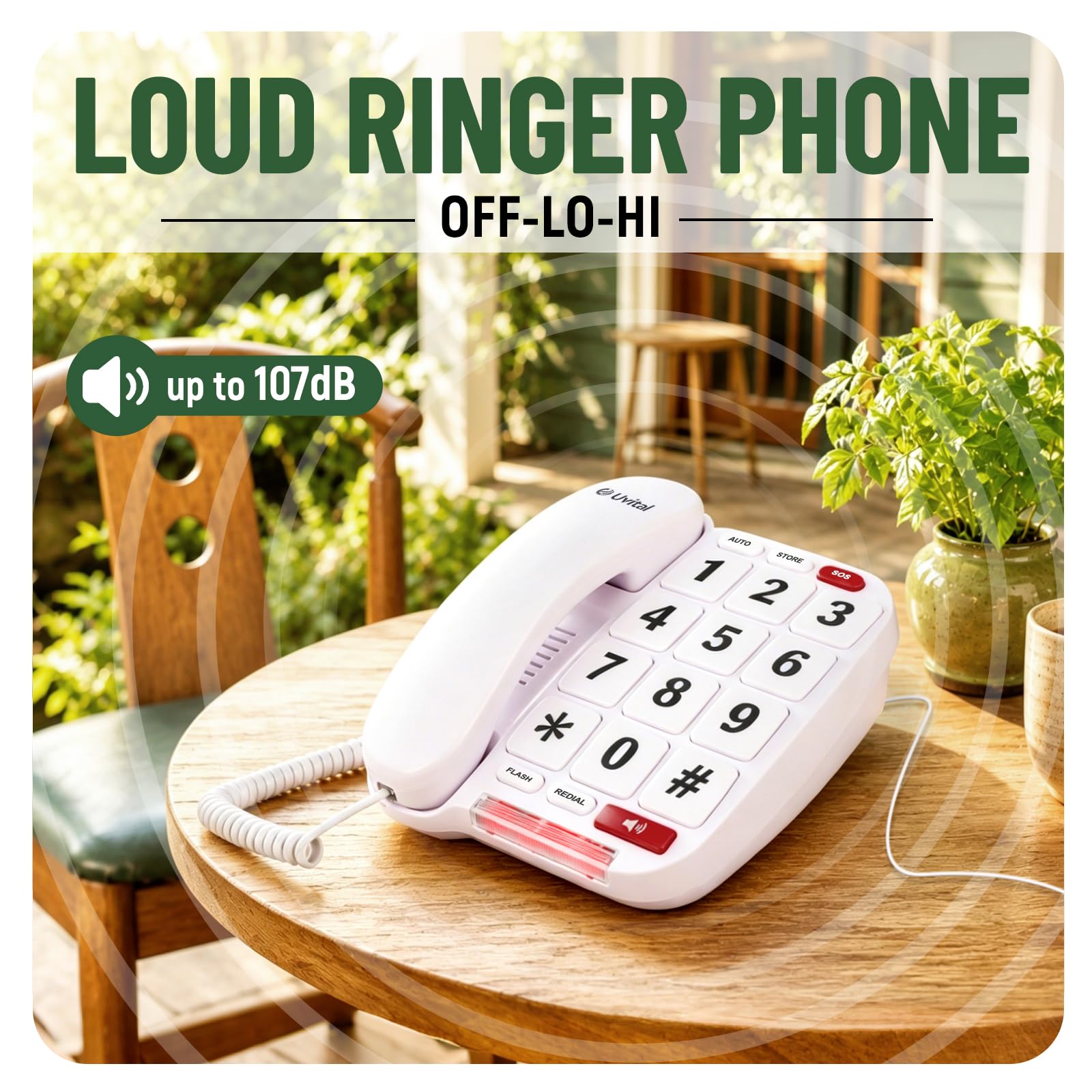 Uvital Telefono con pulsanti grandi per anziani, telefoni fissi con filo per anziani con pulsante di emergenza SOS e pulsanti grandi bianchi, vivavoce, suoneria forte, facile da usare