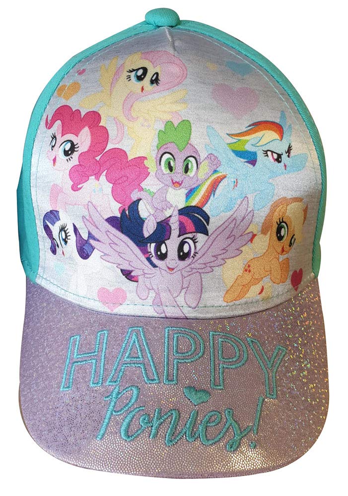 My Little Pony Kinder Glitzer-Kappe Happy Ponies! Applejack, Rainbow Dash, Pinkie Pie, Spike The Dragon, Rarity Baseballcap, Cappy, Schirmmütze für Mädchen (54, Türkis)
