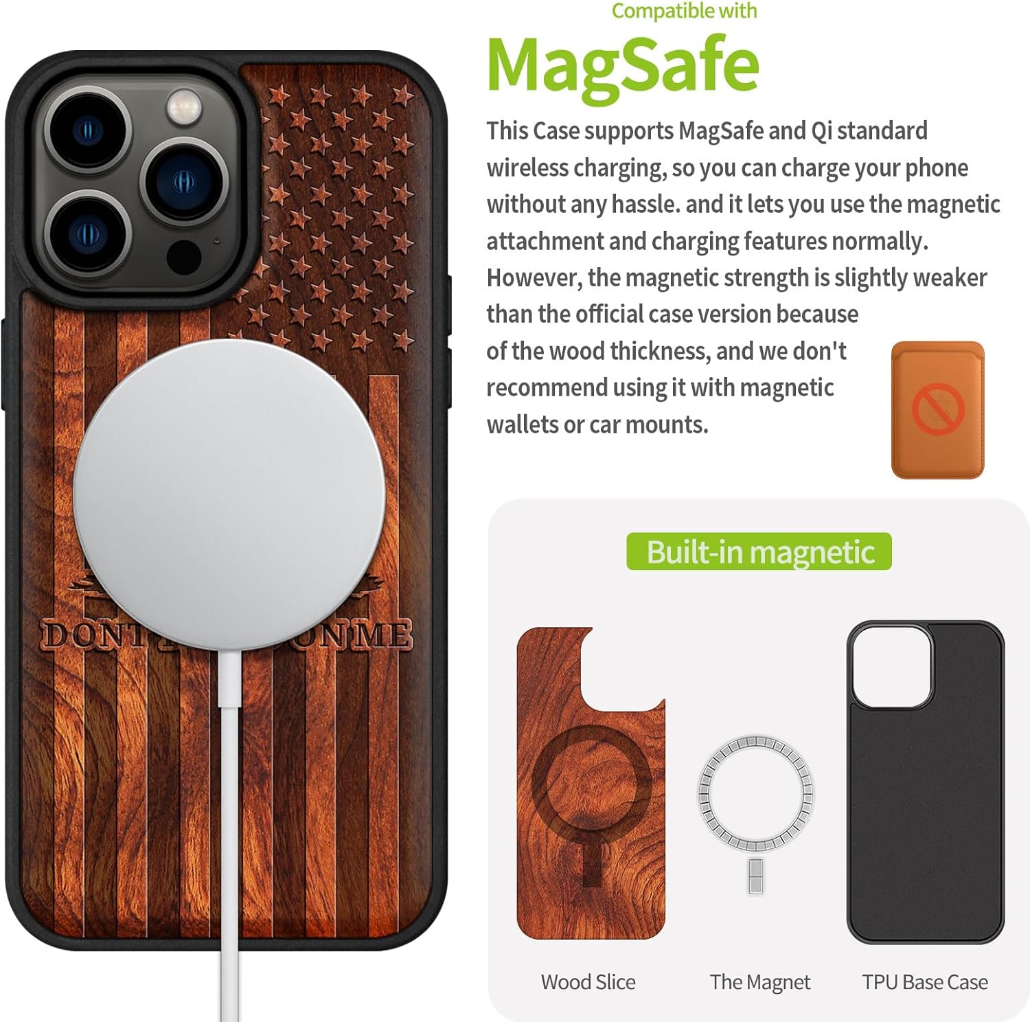 Carveit Magnetic Wooden Case for iPhone 15 Pro Max Case, Compatible with MagSafe Wireless Chargers, Black Soft TPU Shockproof Cover & Wood Artisan Engraved (Gadsden Flag) - Rosy
