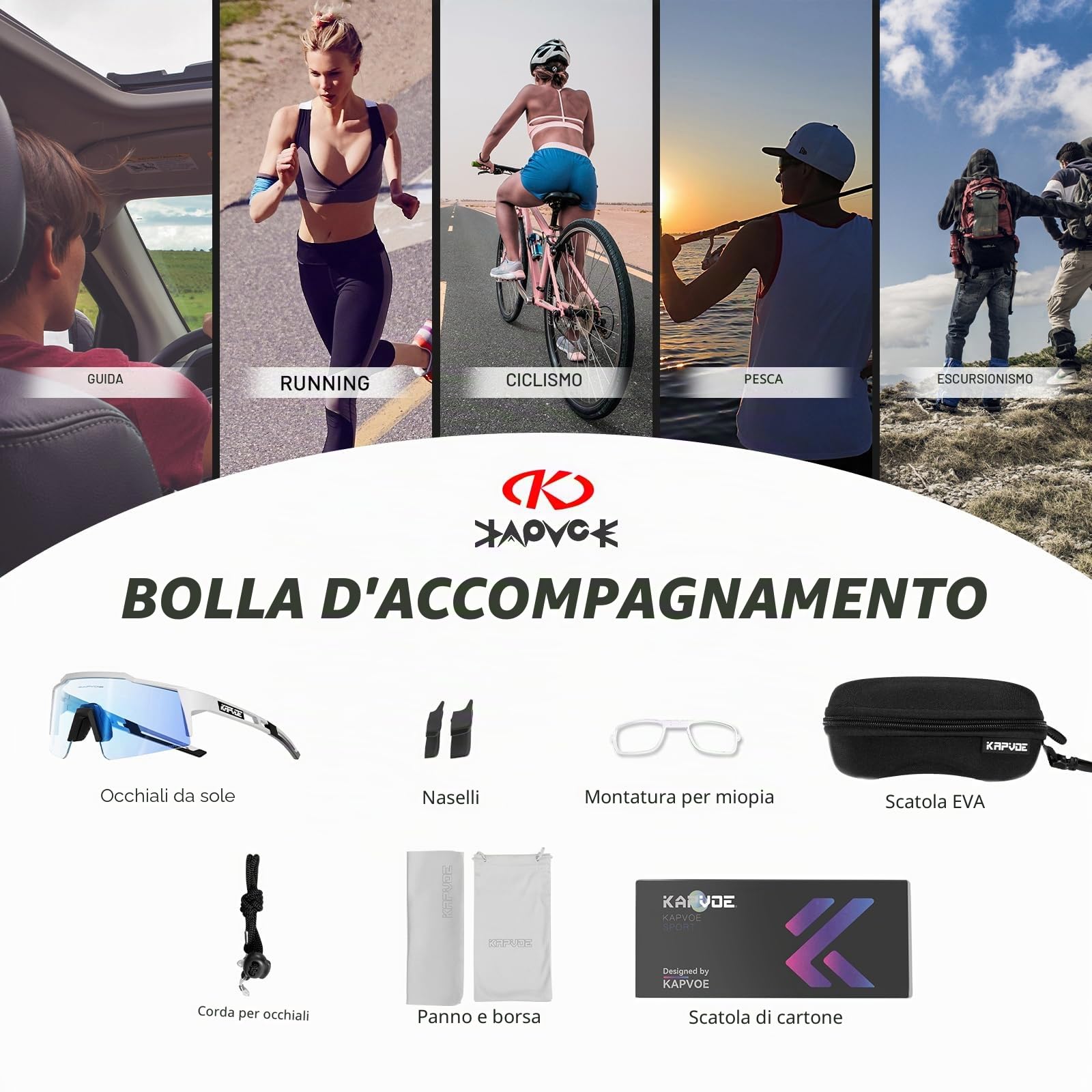 KAPVOE Occhiali da ciclismo fotocromatici UV400 uomo donna TR90 K9023 | Occhiali da ciclismo fotocromatici, UV400 Protezione, Struttura TR90 e supporto interno integrato