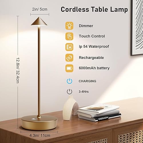 Miniatura 9 de Lámpara de mesa inalámbrica recargable, 6000 mAh LED funciona con pilas, lámpara de escritorio táctil de 3 colores con atenuación continua,