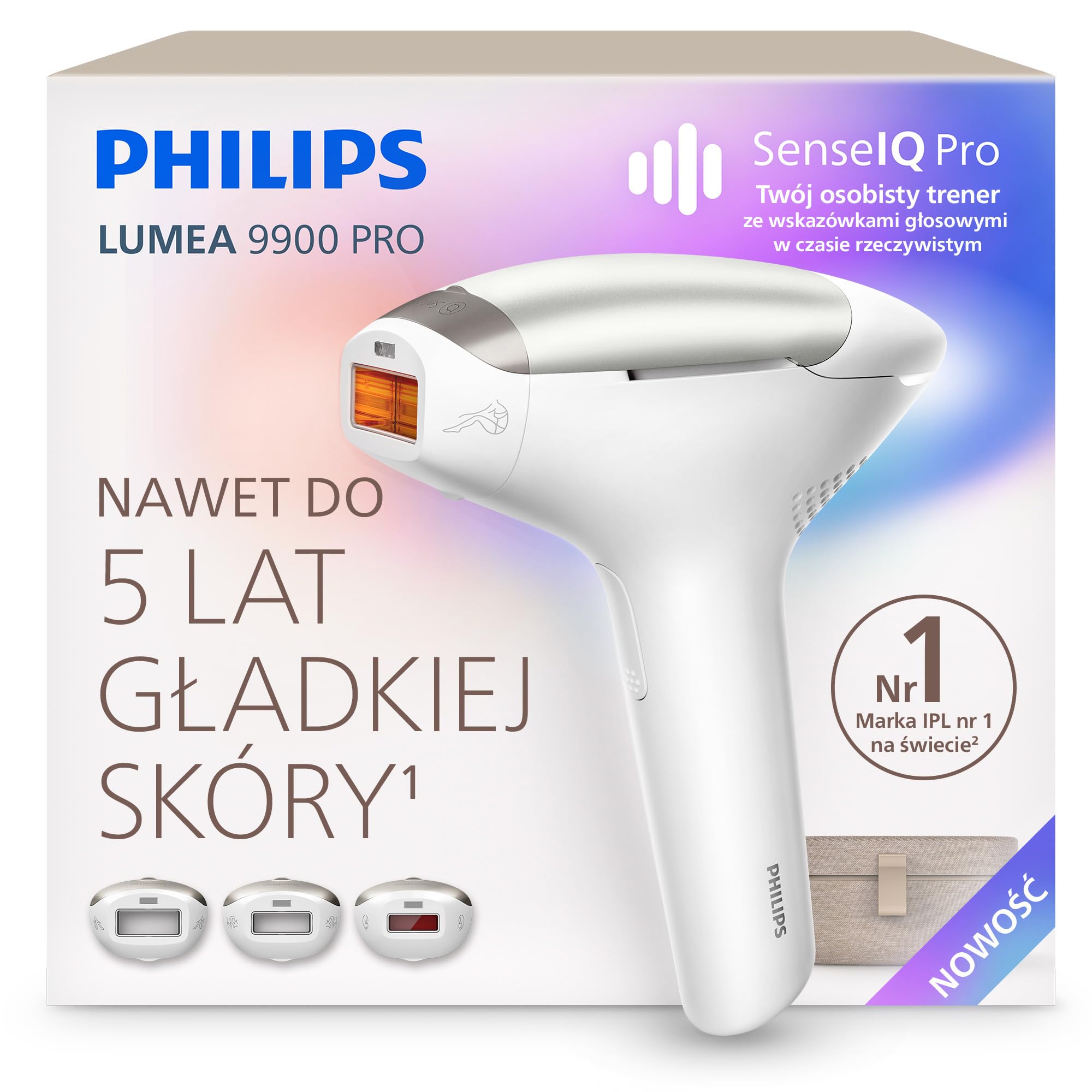 Philips Lumea 9900 Pro IPL – urządzenie do depilacji światłem: długotrwałe efekty, łatwość domowego użytkowania, bezpieczeństwo klasy medycznej, 3 nasadki: ciało, twarz i miejsca wrażliwe, BRC331/00