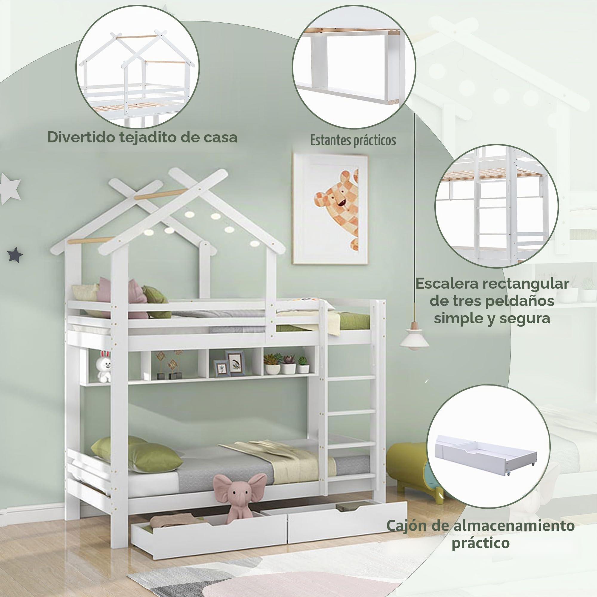 Moimhear Litera con cajones y estantes, cama infantil con protección contra caídas y rejilla, estructura de madera de pino, blanco (90 x 200 cm)