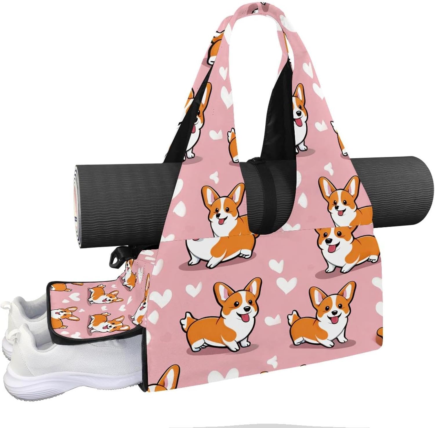 Yoga Mat Bag, Gym Workout Bag with Shoe Compartment, Corgi Dog Pilates Bag for Women, Quick Access Storage Yoga Tote Bag for Sports Travel Office