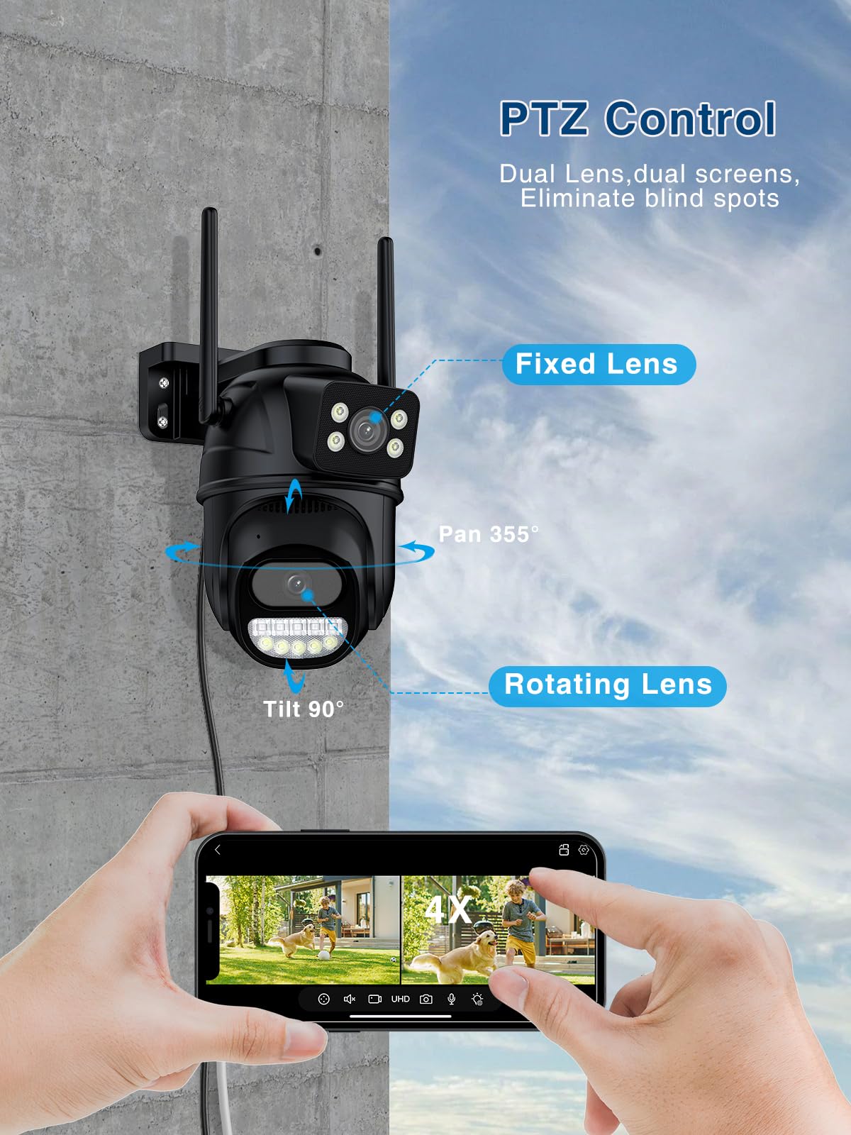 Reobiux 2.5K 6MP Telecamera Wi-Fi Esterno, 360° PTZ Videocamera Sorveglianza Esterno con Doppia Lente, Colori Visione Notturna, Tracciamento Automatico, Registrazione 24/7, IP66(2P)