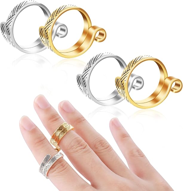 Sibba Crochet Ring Yarn Crocheting Finger Guide 4 Pcs Knitting Hook Needle Set Handmade Loop Tags Notions Cross Stitch Counter Blocking Board Holder Thimble Protection (Golden Silver Circle)