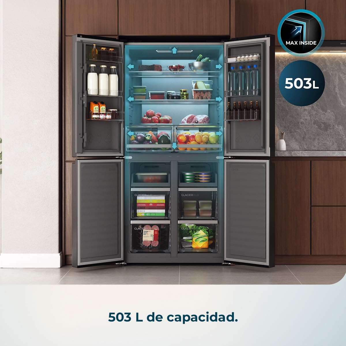 Cecotec Frigorífico Americano 4 Puertas Bolero CoolMarket 4D 503 Black Glass D. 503 L, Altura 177,5 cm, Ancho 85 cm, Total NoFrost, Motor Inverter, Multi AirFlow, Display Táctil