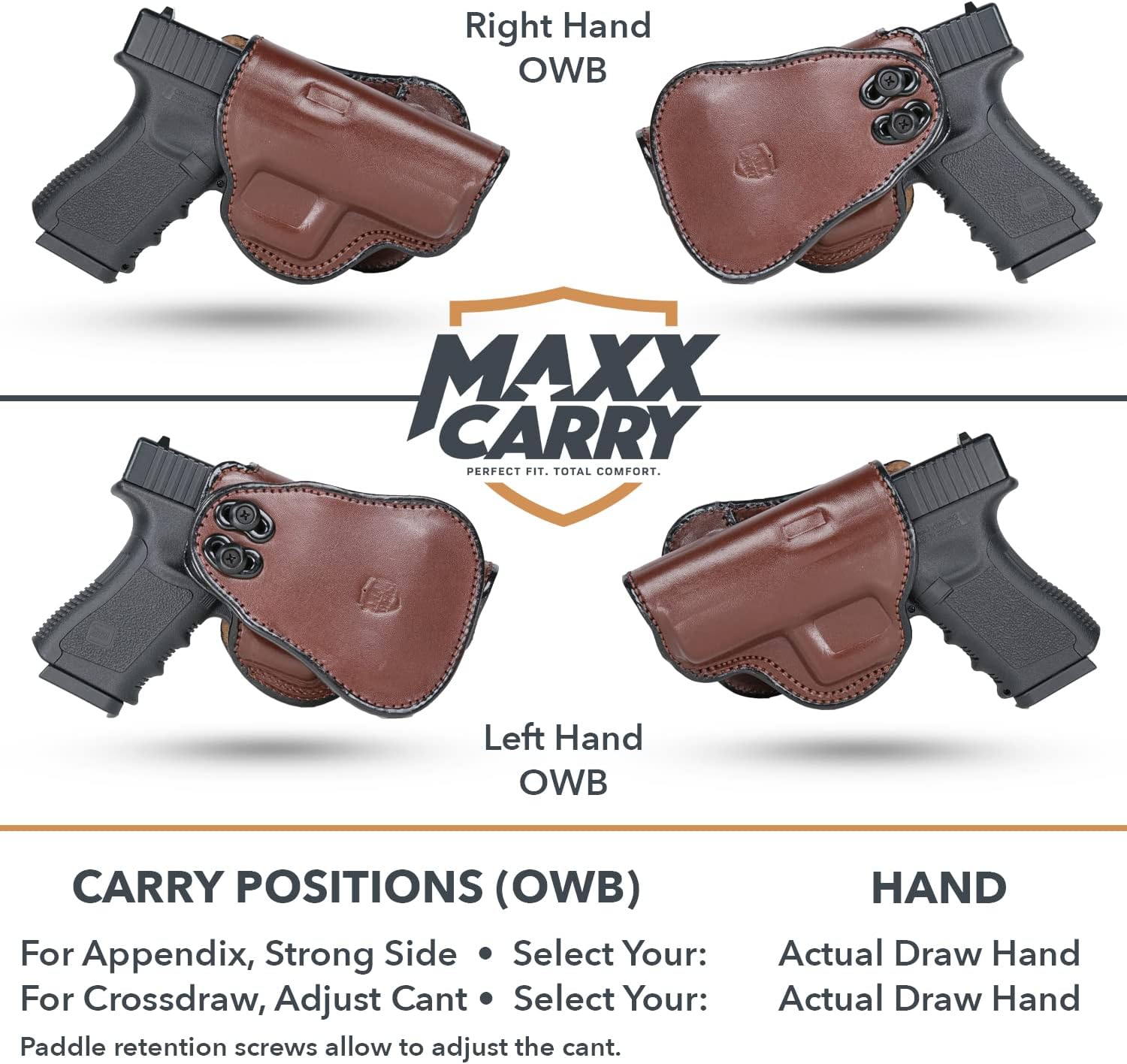 Maxx Carry Compatible with Leather Paddle OWB Gun Holster for Walther PPQ, PPQ M2, PPQ .45 | CANIK TP9SF Elite | FN FNX45 | H&K HK 45, USP 9mm & 40 S&W | Sig P250 Compact