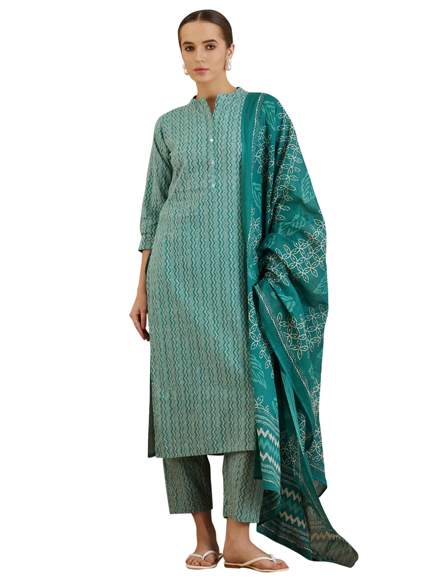 indo era Women's Printed Pure Cotton Calf Length Straight Kurta Pant With Dupatta Set (Shtur7916)-picture-47